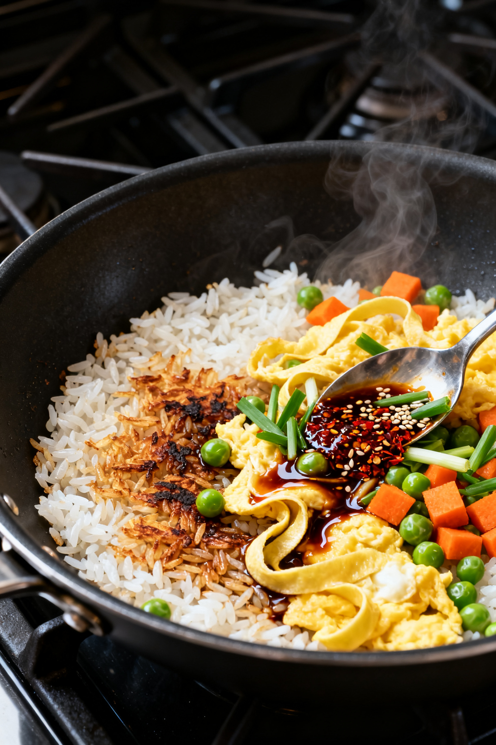 Cooking process, close-up detail: A wok-scorched weeknight fried rice mid-sizzle, overhead three-qua