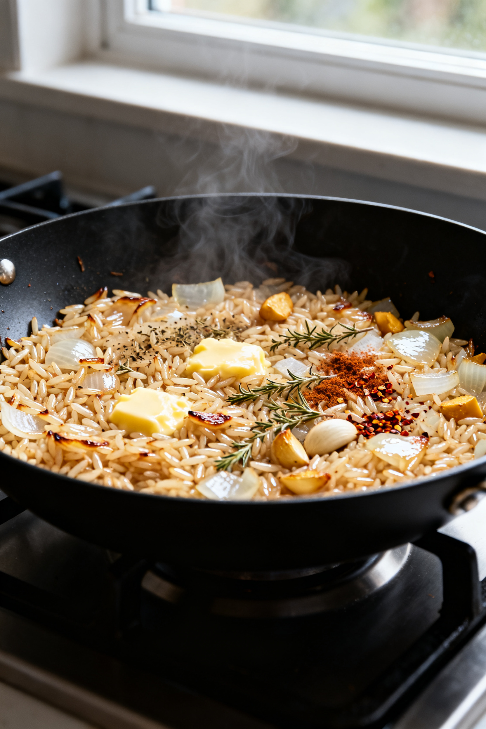 Cooking process close-up: Toasted rice and aromatics in a wide black skillet, glistening long-grain 