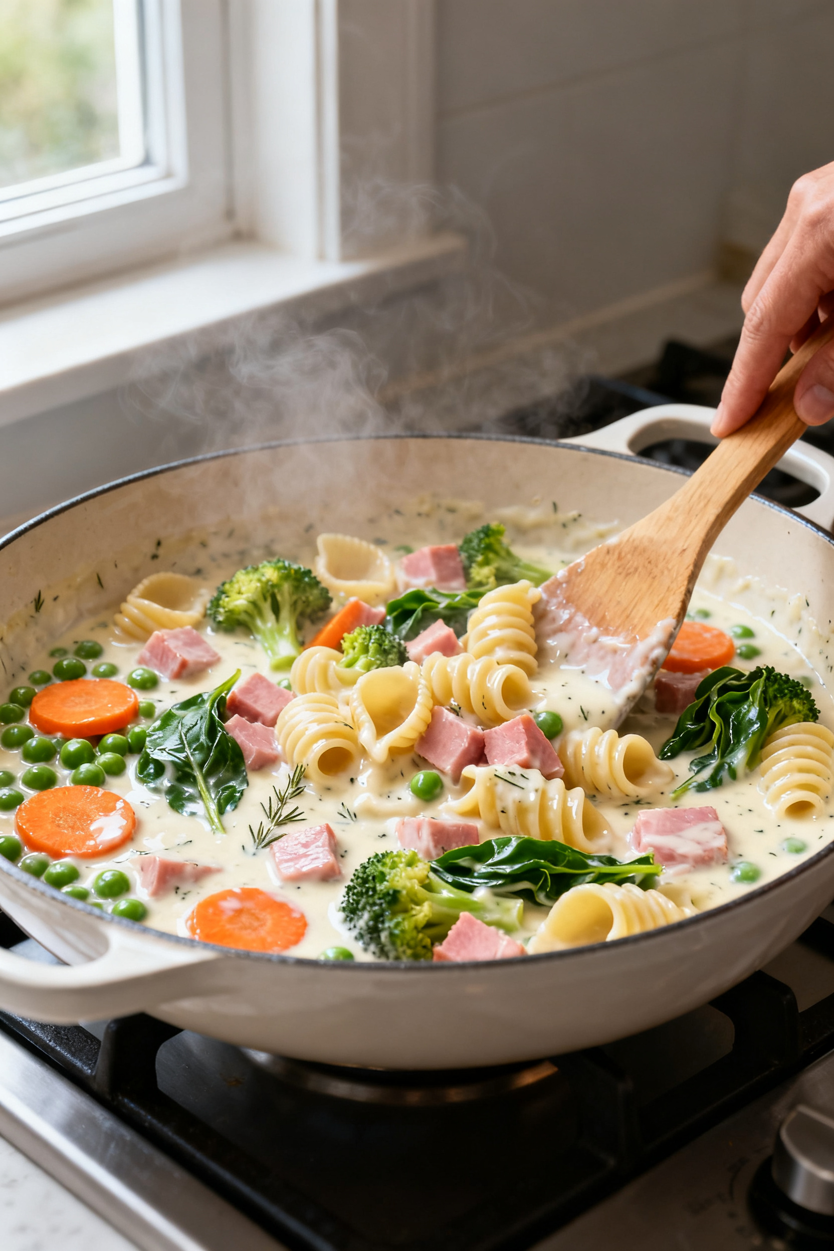 Cooking process — creamy ham-and-veg skillet: Over-the-shoulder close-up of a large oven-safe skil