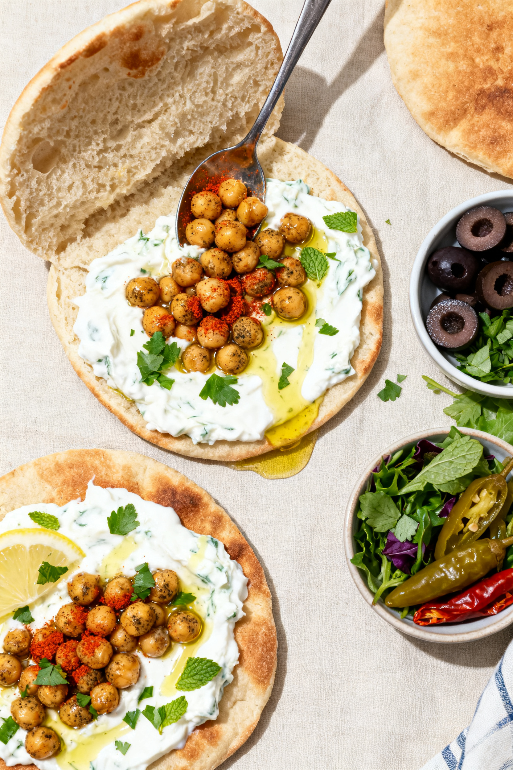 Cooking process: Herby chickpea pitas being assembled—warm pitas opened and spread with tangy lemo