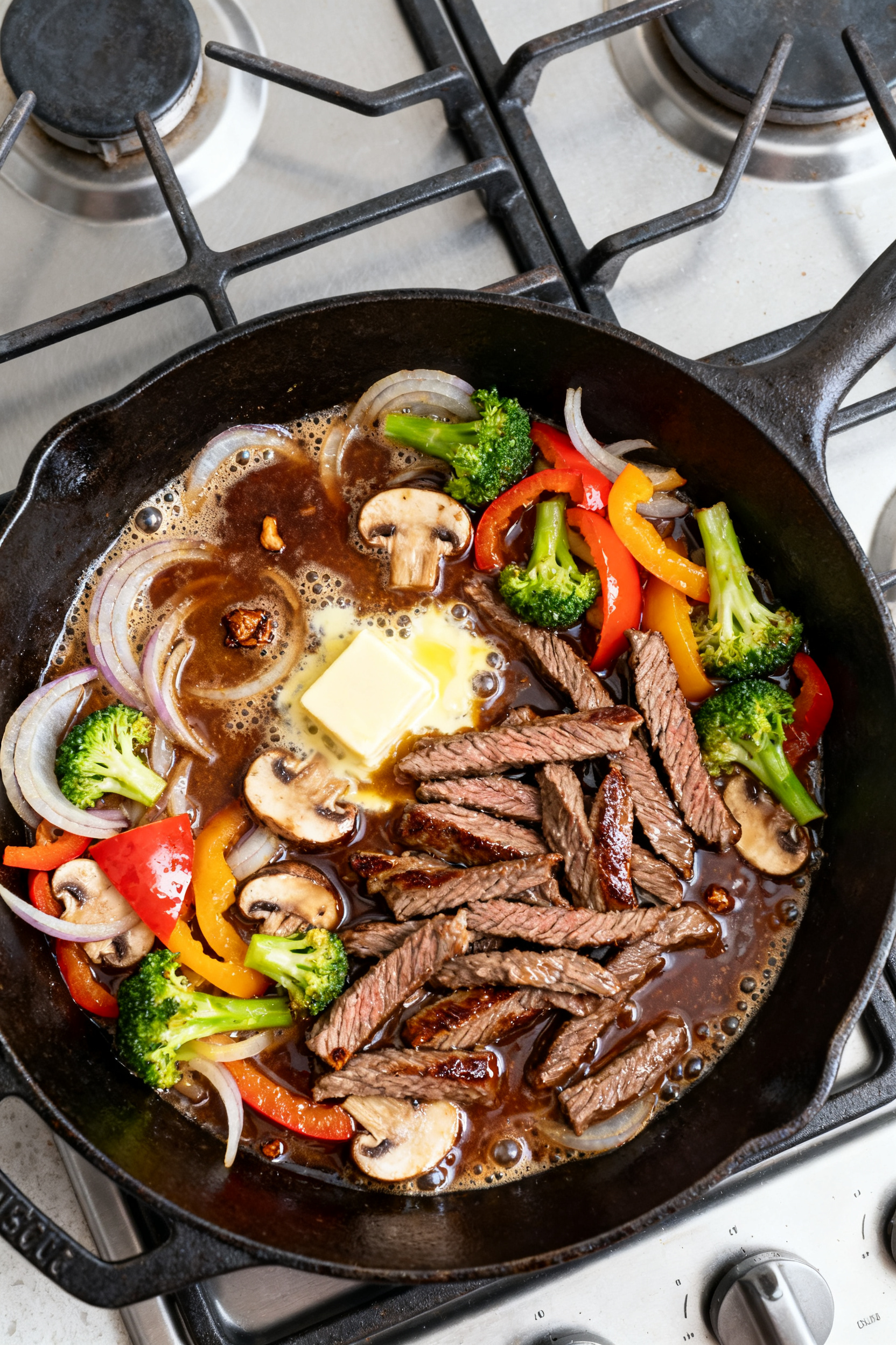 Leftover Steak Recipes — Best Day 2 Dinner Cooking process: Overhead shot of the skillet mid-sauté as the sauce bubbles—onions and mixed veg