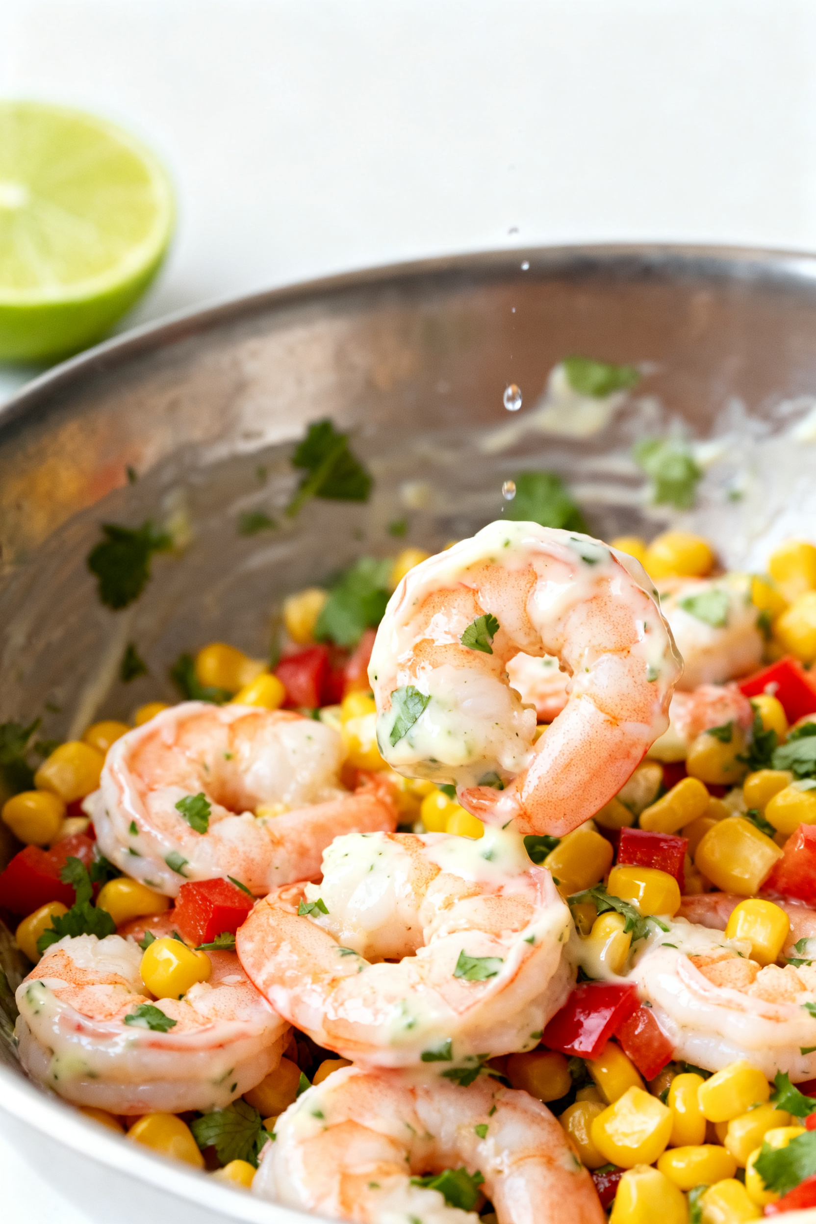 Cooking process: Precooked shrimp and corn salad filling being tossed in a stainless bowl—plump pi