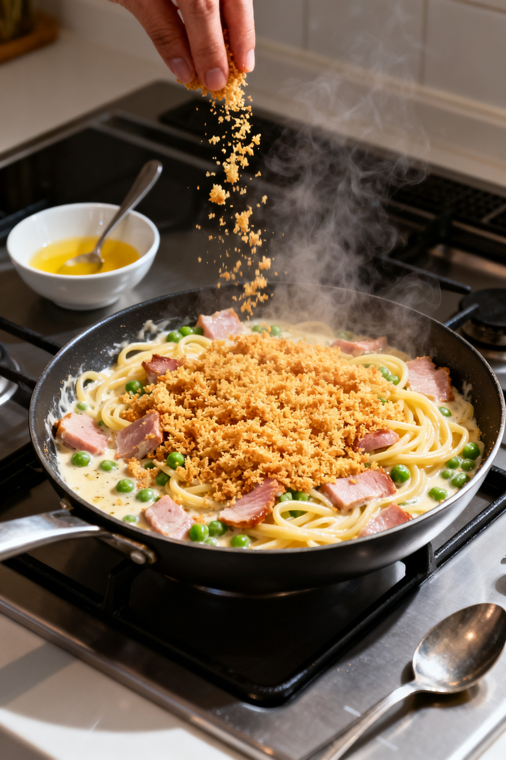 Cooking process shot: Breadcrumb topping being added to the skillet pasta right before broiling—go