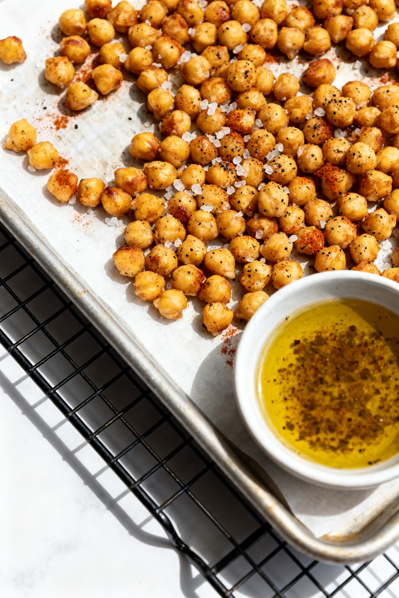 Summer Salad Recipes on Repeat All Summer Long - Fresh, Easy, Crowd-Pleasing Cooking process shot: chickpeas being seasoned and roasted for extra crunch (prepared component) on