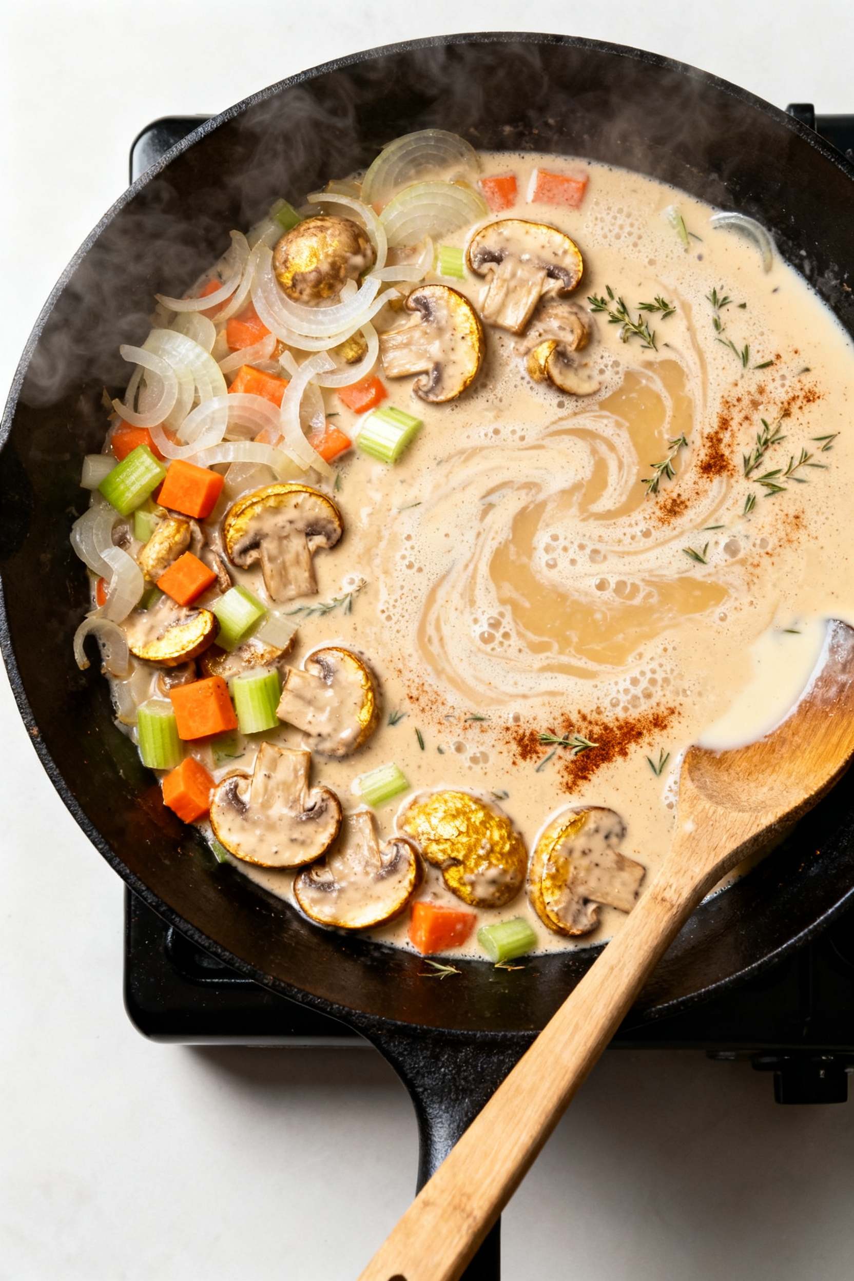 Cooking process, skillet action: Overhead shot of a large black skillet on the stovetop at a gentle 