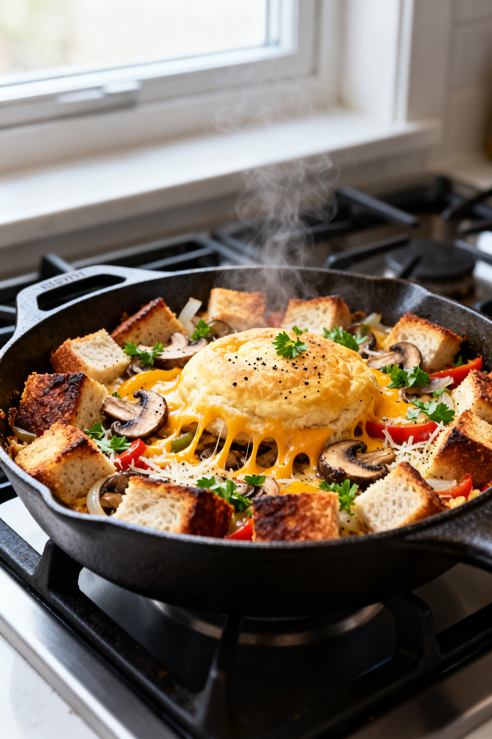 Leftover Bread Recipes Turn Stale Bread Into Dinner - Easy, Comforting, and Budget-Friendly Cooking process — Skillet strata bubbling in an oven-safe pan: close-up three-quarter angle of gol