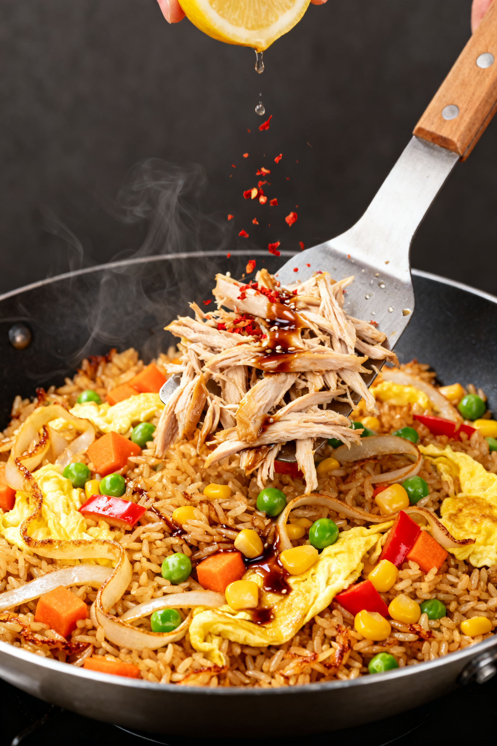 Leftover Turkey Recipes — Weeknight Dinner Zero Groceries - Simple Ways to Use What You Have Cooking process — Turkey Fried Rice sizzling in a wide skillet: close-up of glossy, golden rice wi