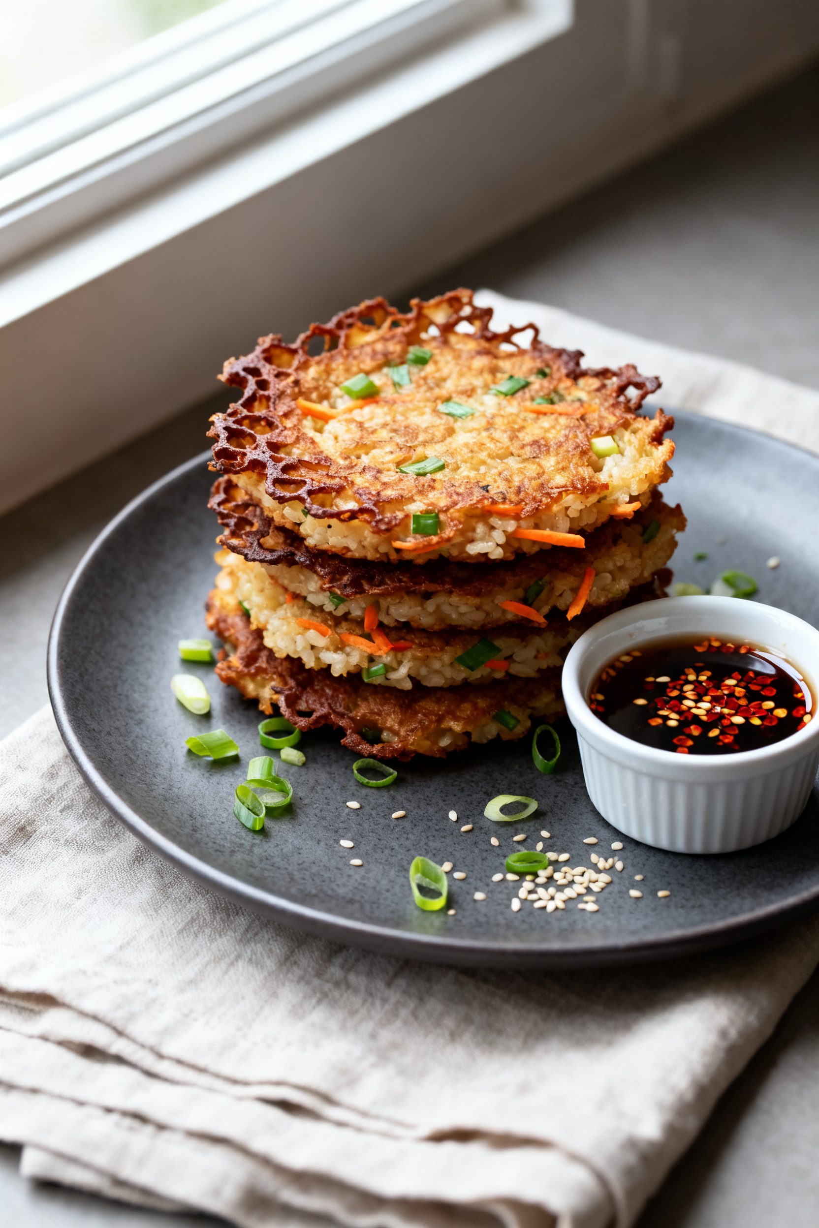 Final dish, beautifully plated: Golden rice pancakes (crispy fritters) stacked slightly offset on a 