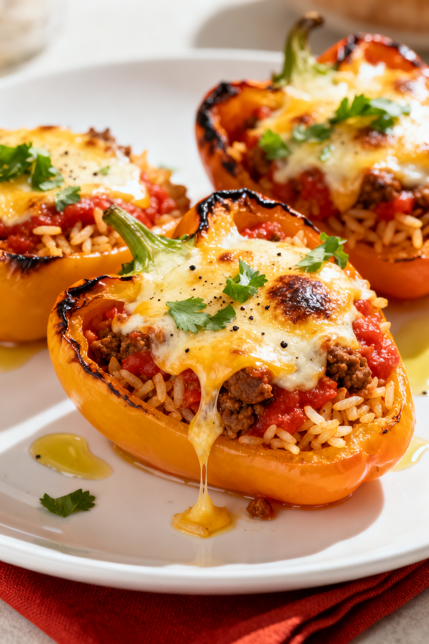 Final dish – Cheesy Stuffed Peppers With Rice: Beautifully plated roasted bell pepper halves, edge