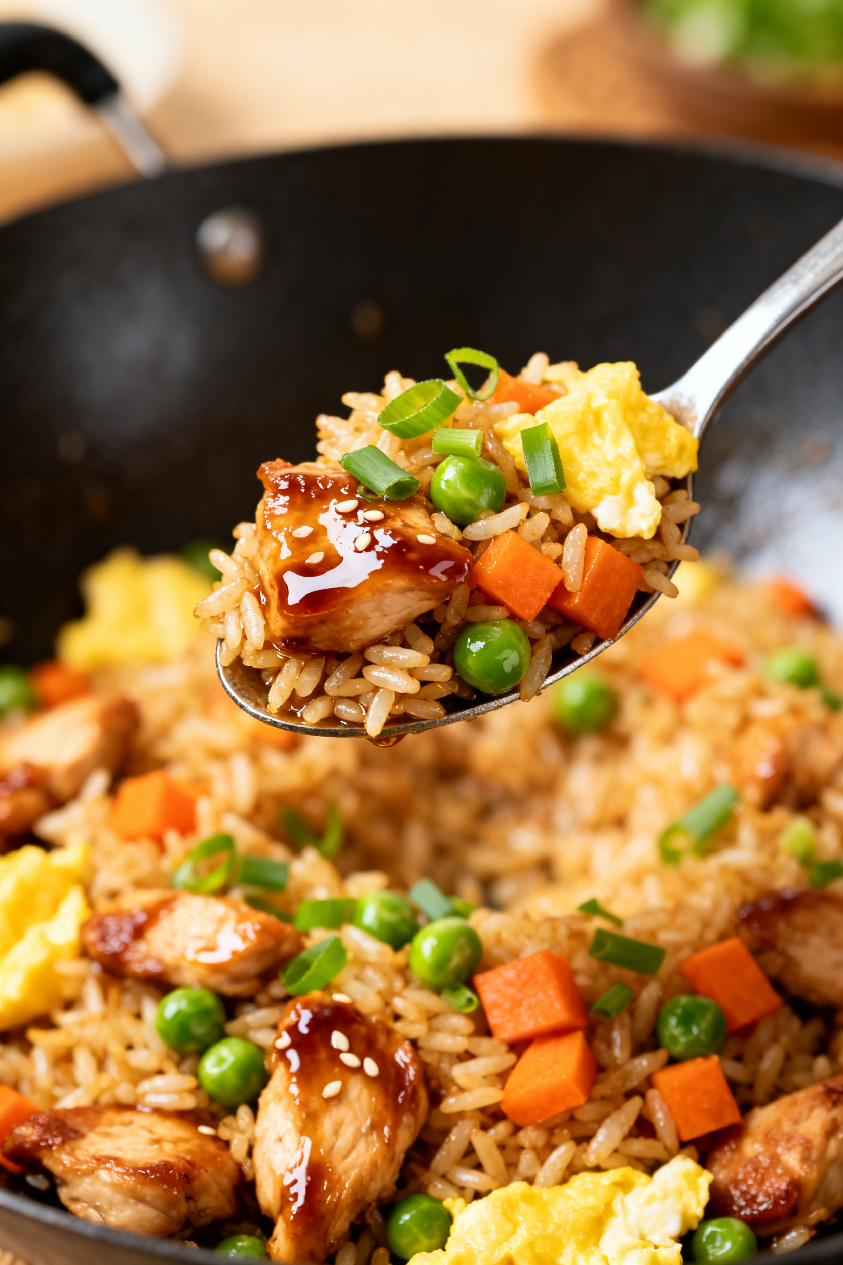 Final dish close-up – Chicken Fried Rice: Tight macro of a spoonful hovering above the pan, showca