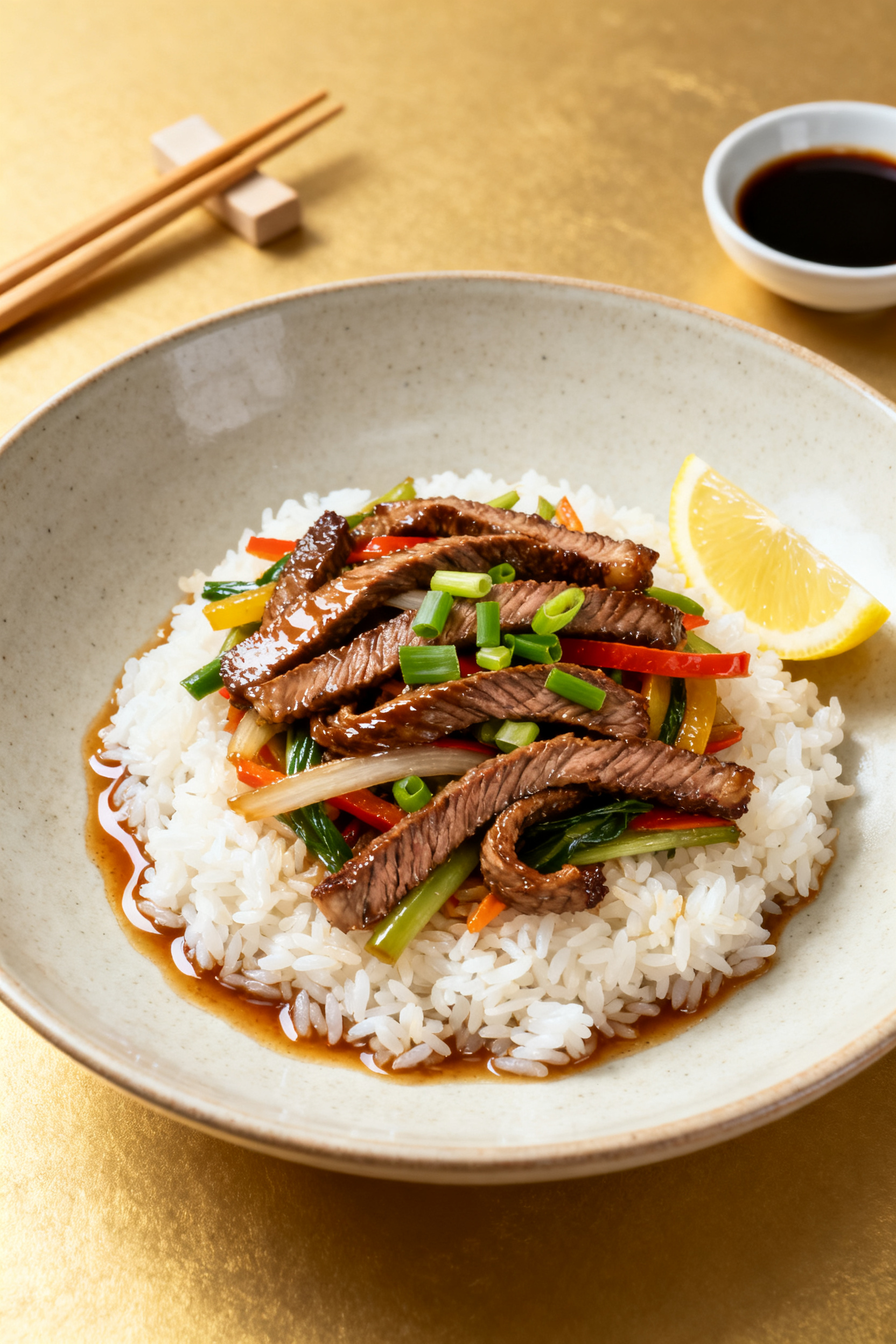 Leftover Steak Recipes — Best Day 2 Dinner Final dish presentation: Beautifully plated steak-and-veg over fluffy jasmine rice in a wide, shallo