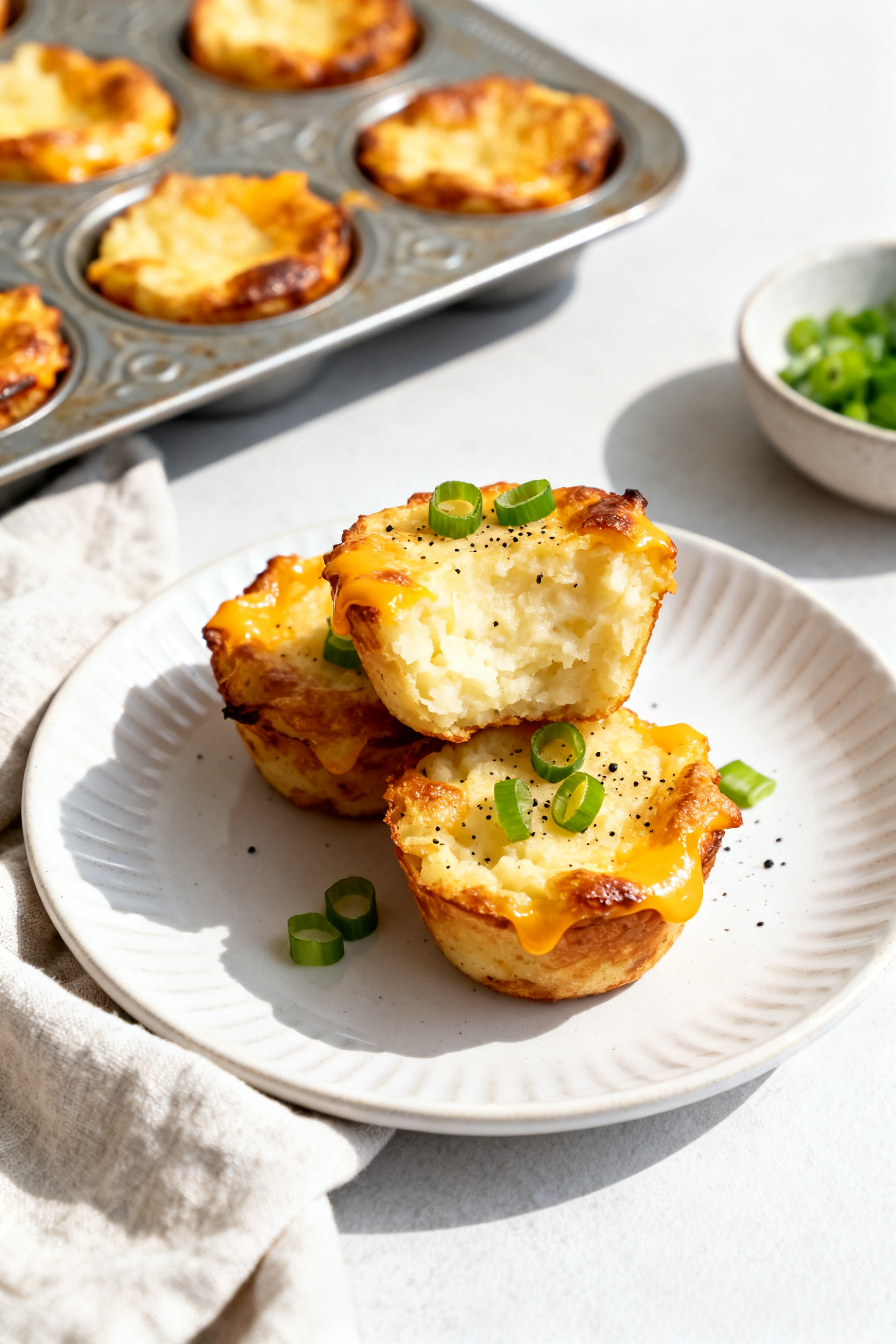 Leftover Mashed Potato Recipes — Feed 4 for Under $5 - Simple, Cozy, and Budget-Friendly Final dish presentation: Cheesy mashed potato cups just out of the oven, set in a lightly greased mu