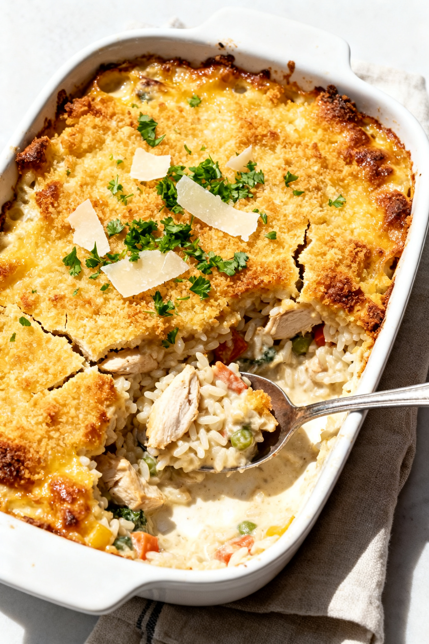 Final dish presentation: Creamy chicken bake, golden and bubbling in a white stoneware baking dish; 