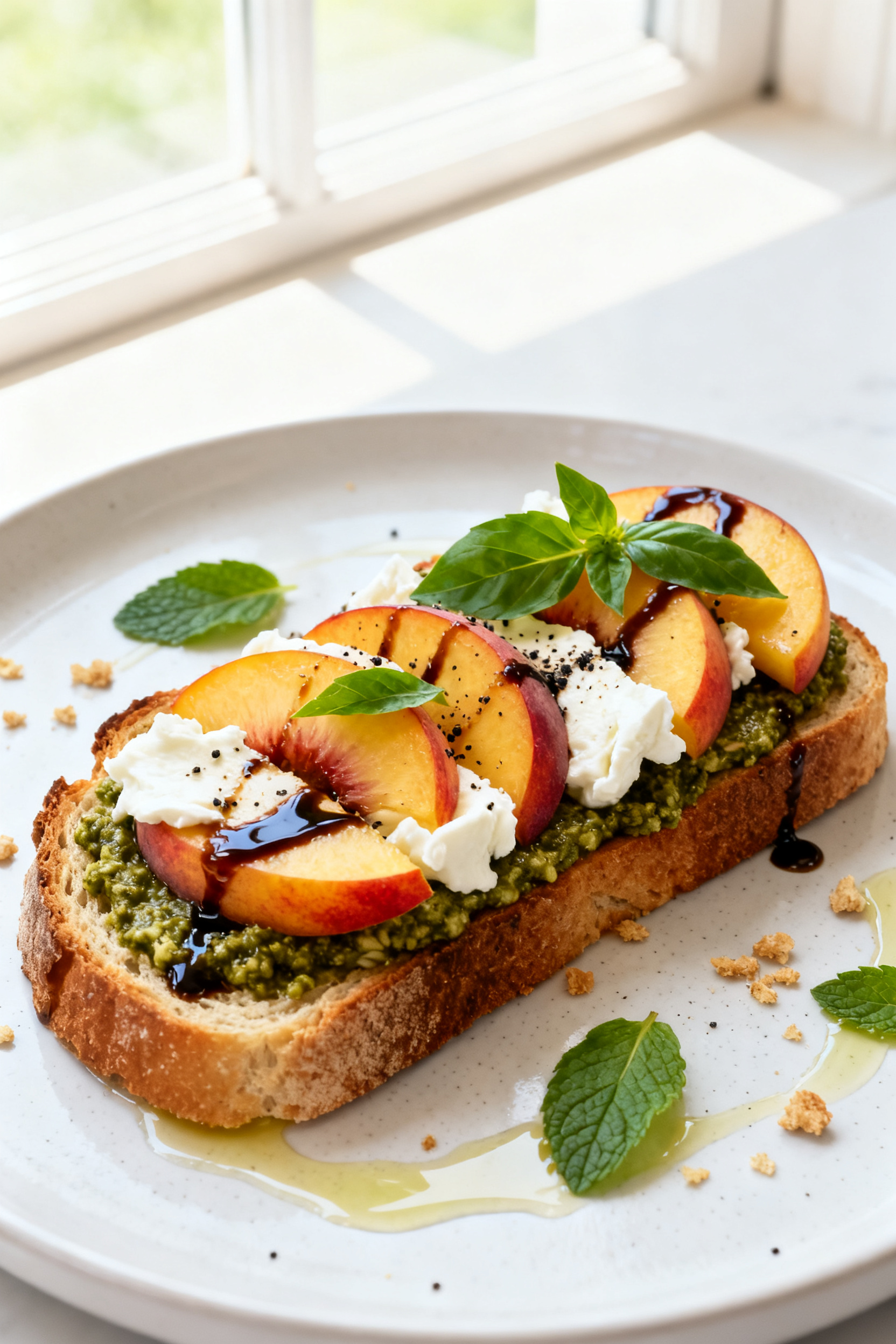 Final dish presentation: Peach Caprese Toasts—thick toasted sourdough slices topped with a generou