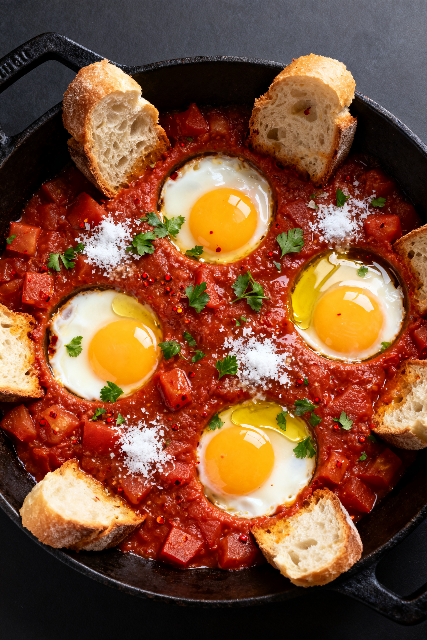 Leftover Bread Recipes Turn Stale Bread Into Dinner - Easy, Comforting, and Budget-Friendly Final dish presentation — Shakshuka-style tomato-bread skillet with eggs: close, top-down frame of