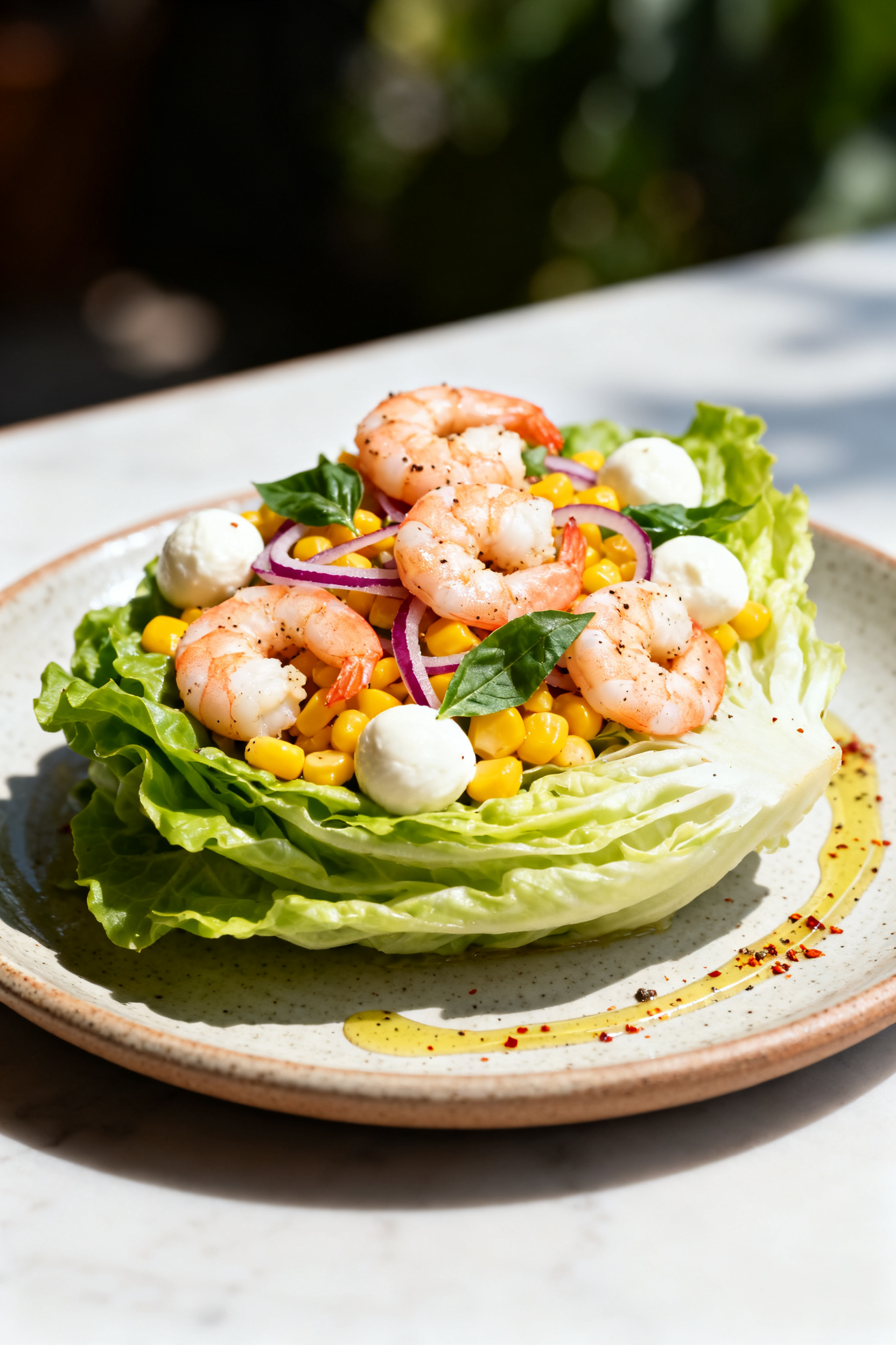 No Oven Summer Meals Ready to Eat Right Now - Fresh, Fast, and Flavorful Final dish presentation: Shrimp and Corn Summer Salad plated restaurant-style—butter lettuce piled