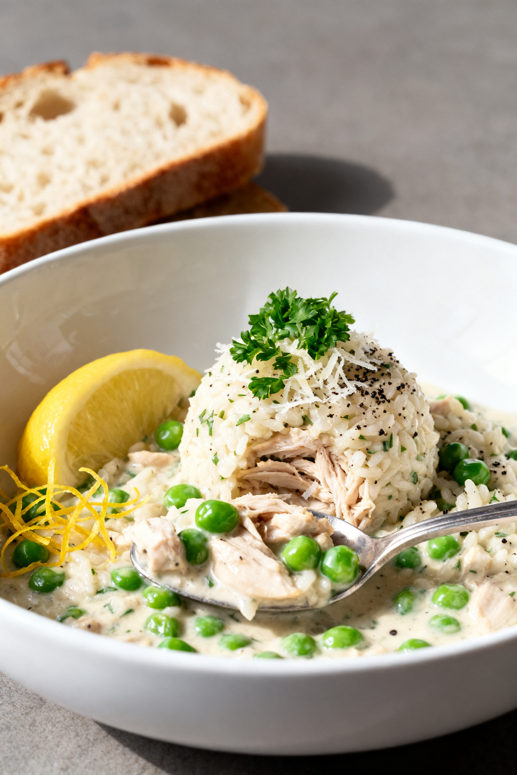 Final plated dish: Beautifully plated creamy herby chicken-and-rice in a shallow white bowl, spooned