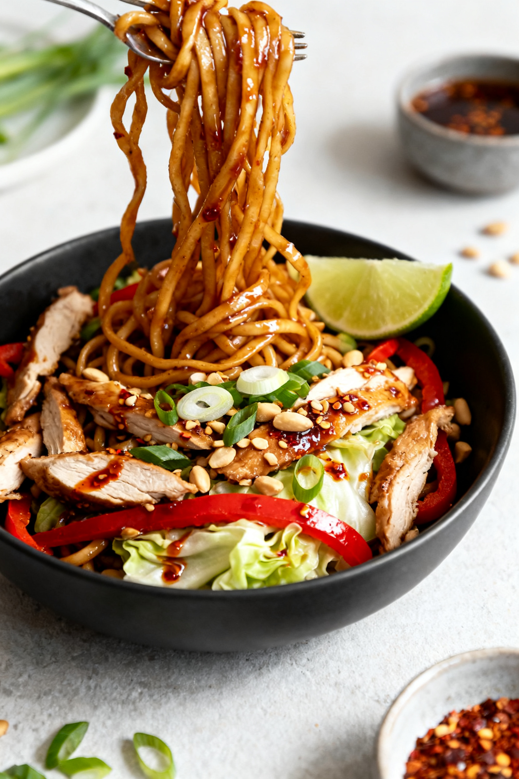 Leftover Chicken Recipes Better Than Takeout - Fast, Flavorful, and Budget-Friendly Final plated dish beauty: Sticky Chicken Noodles twirled high in a matte black bowl, glistening with