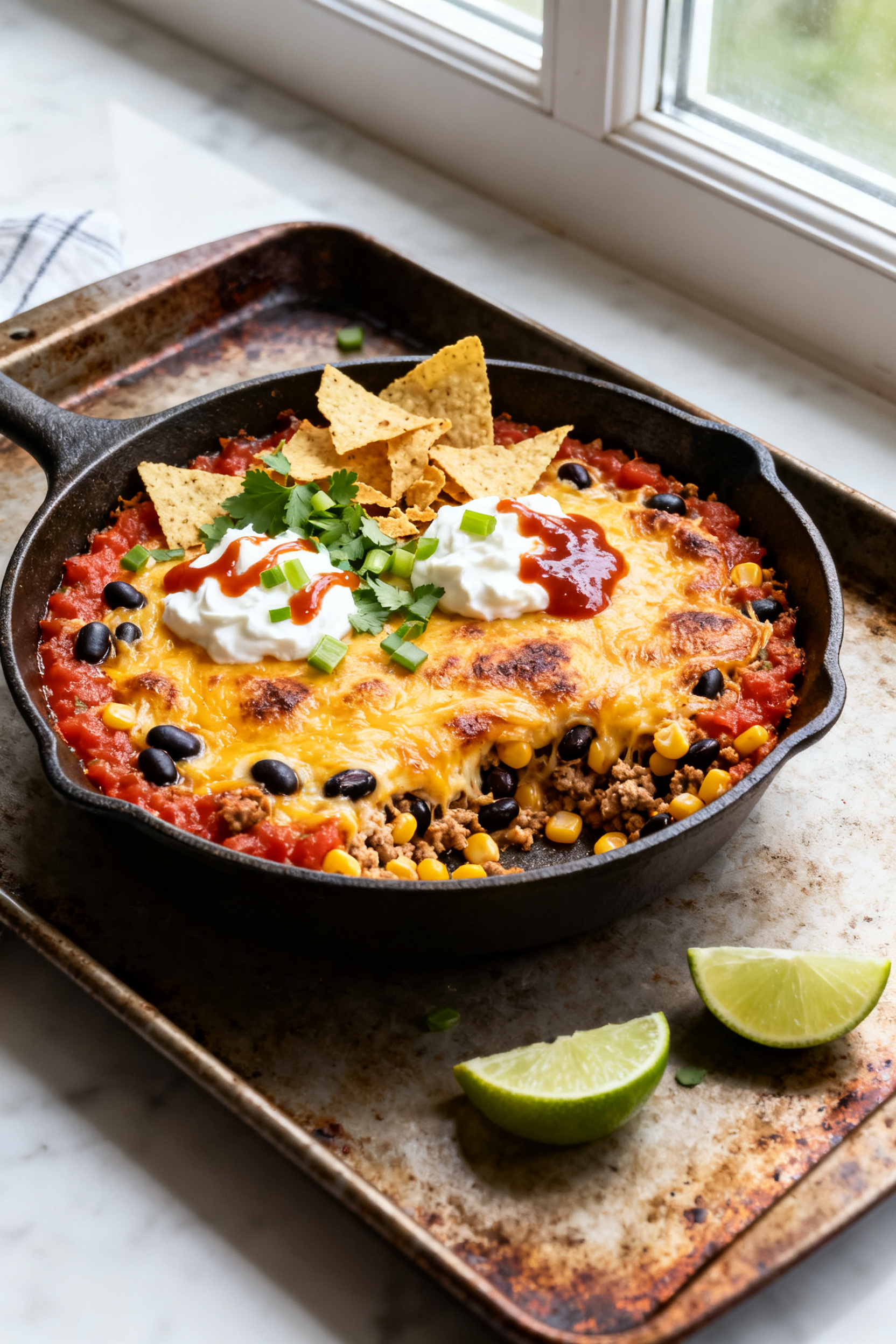Leftover Turkey Recipes — Weeknight Dinner Zero Groceries - Simple Ways to Use What You Have Final plated dish — Turkey Taco Skillet bake variation: beautifully browned, cheesy skillet straig