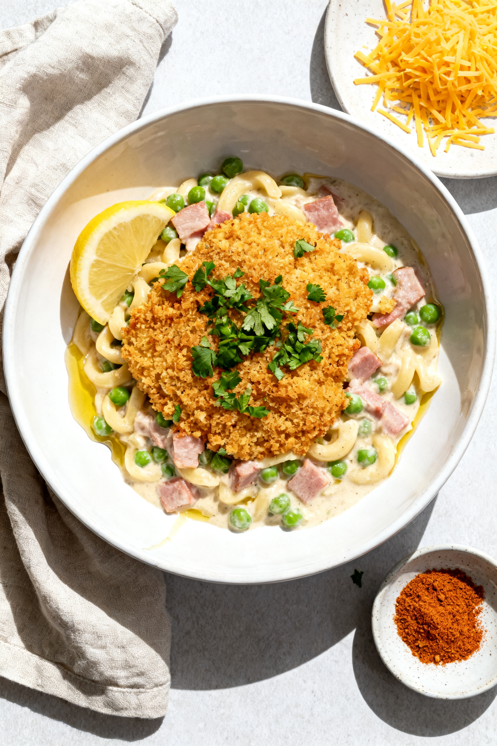 Final plated overhead: Beautifully plated creamy ham and pea pasta with golden, crunchy breadcrumb c