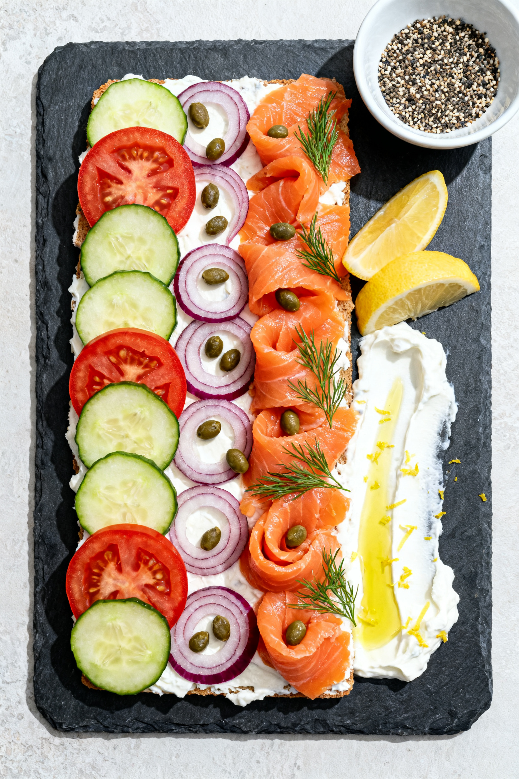 Easy Summer Meals No Cooking Required Tonight - Fresh, Fast, and Flavorful Final presentation board of a Smoked Salmon spread: neat rows of tomato and cucumber slices, thin re