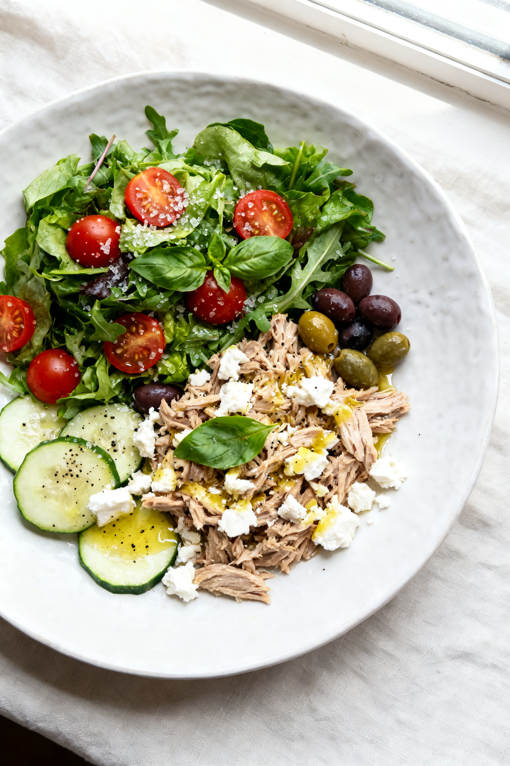 Easy Summer Meals No Cooking Required Tonight - Fresh, Fast, and Flavorful Overhead shot of a Mediterranean Tuna Salad fully assembled: mixed greens piled high with halved che