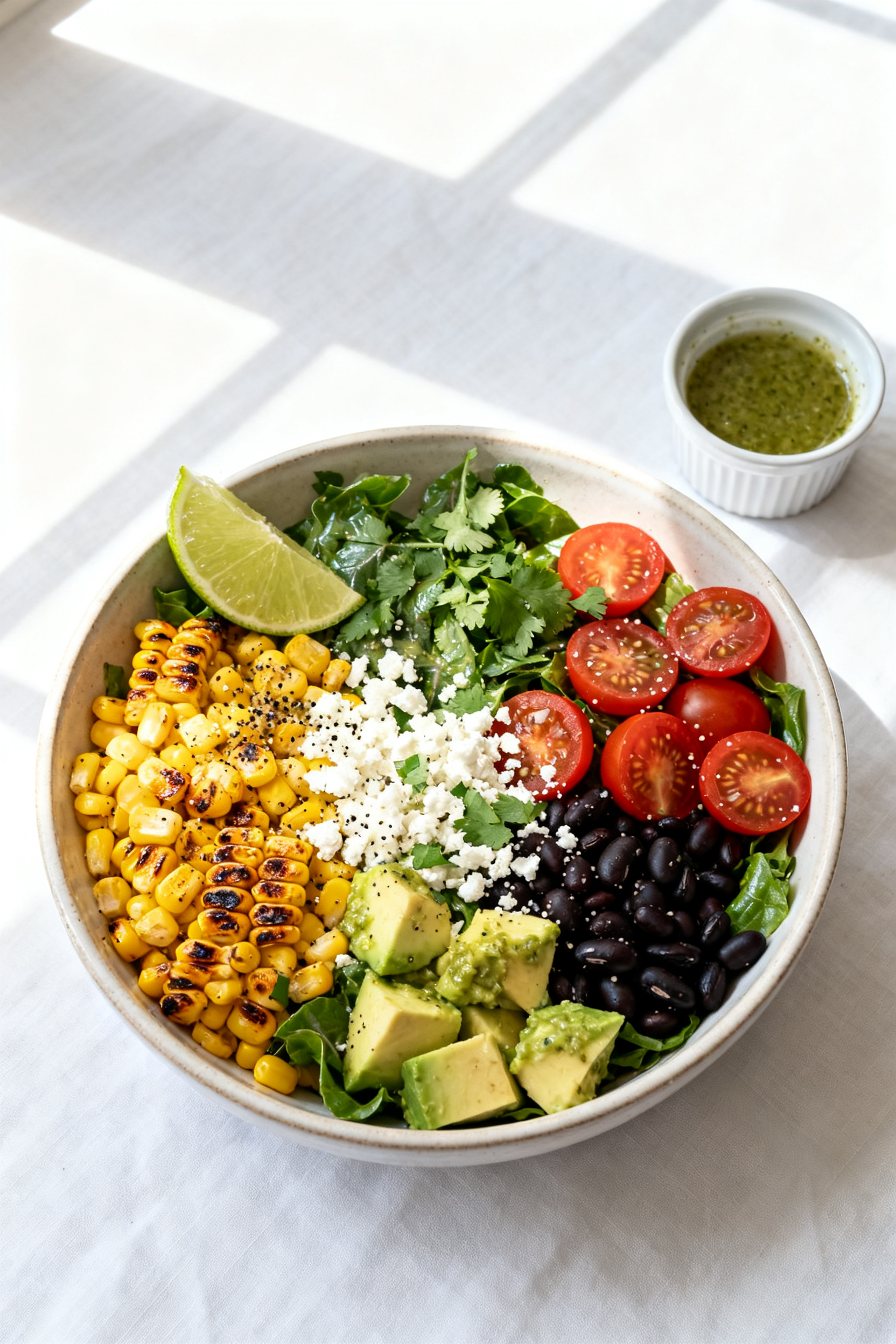 Summer Salad Recipes on Repeat All Summer Long - Fresh, Easy, Crowd-Pleasing Overhead shot of the “Tex-Mex Street Corn” salad fully assembled in a wide, shallow ceramic bowl