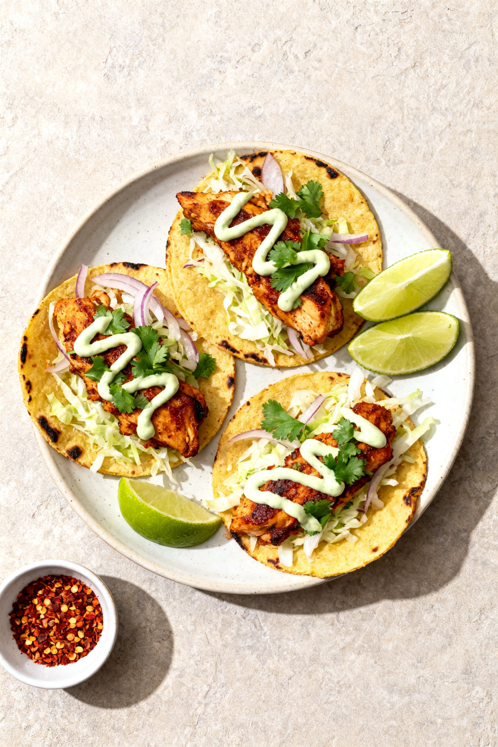 Leftover Chicken Recipes Better Than Takeout - Fast, Flavorful, and Budget-Friendly Tasty top-down street-food vibe: Overhead shot of Street-Style Chicken Tacos—three small corn tort