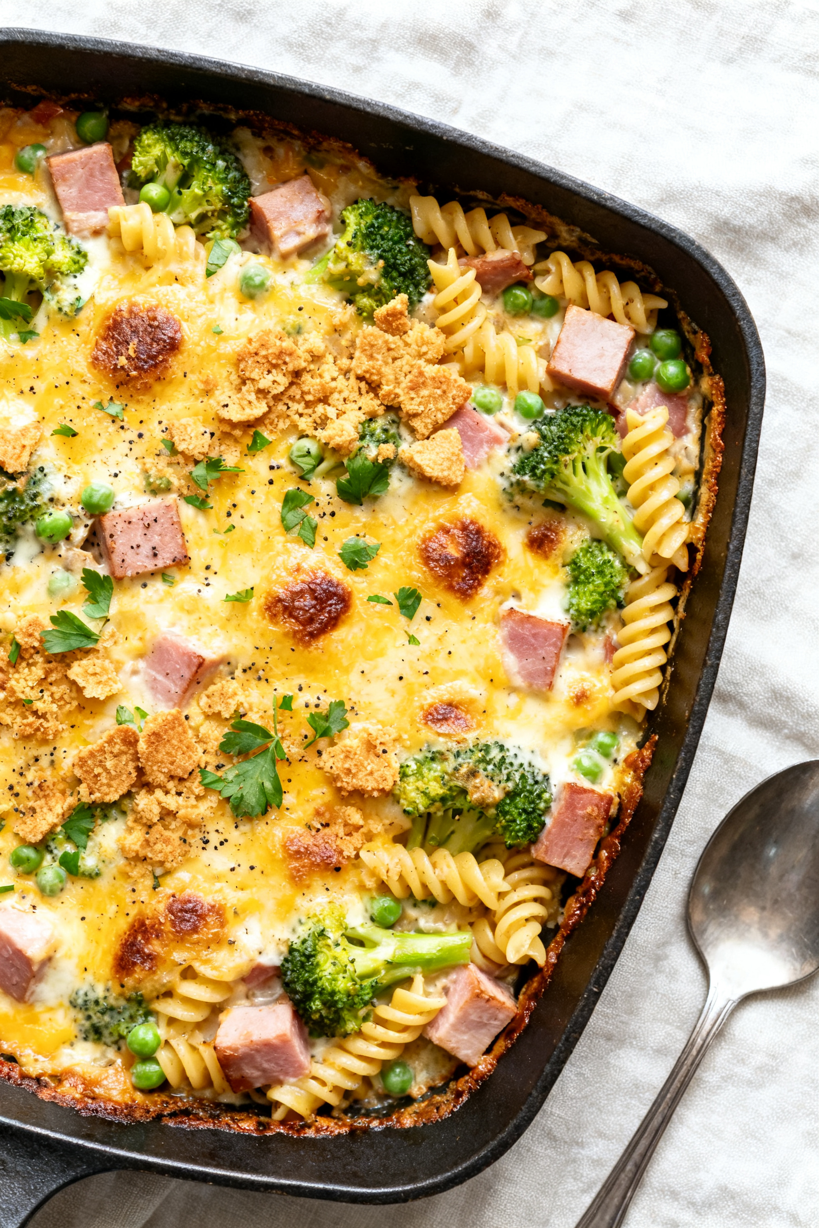 Tasty top view — baked ham and broccoli pasta casserole: Overhead shot of the finished 9x13 skille