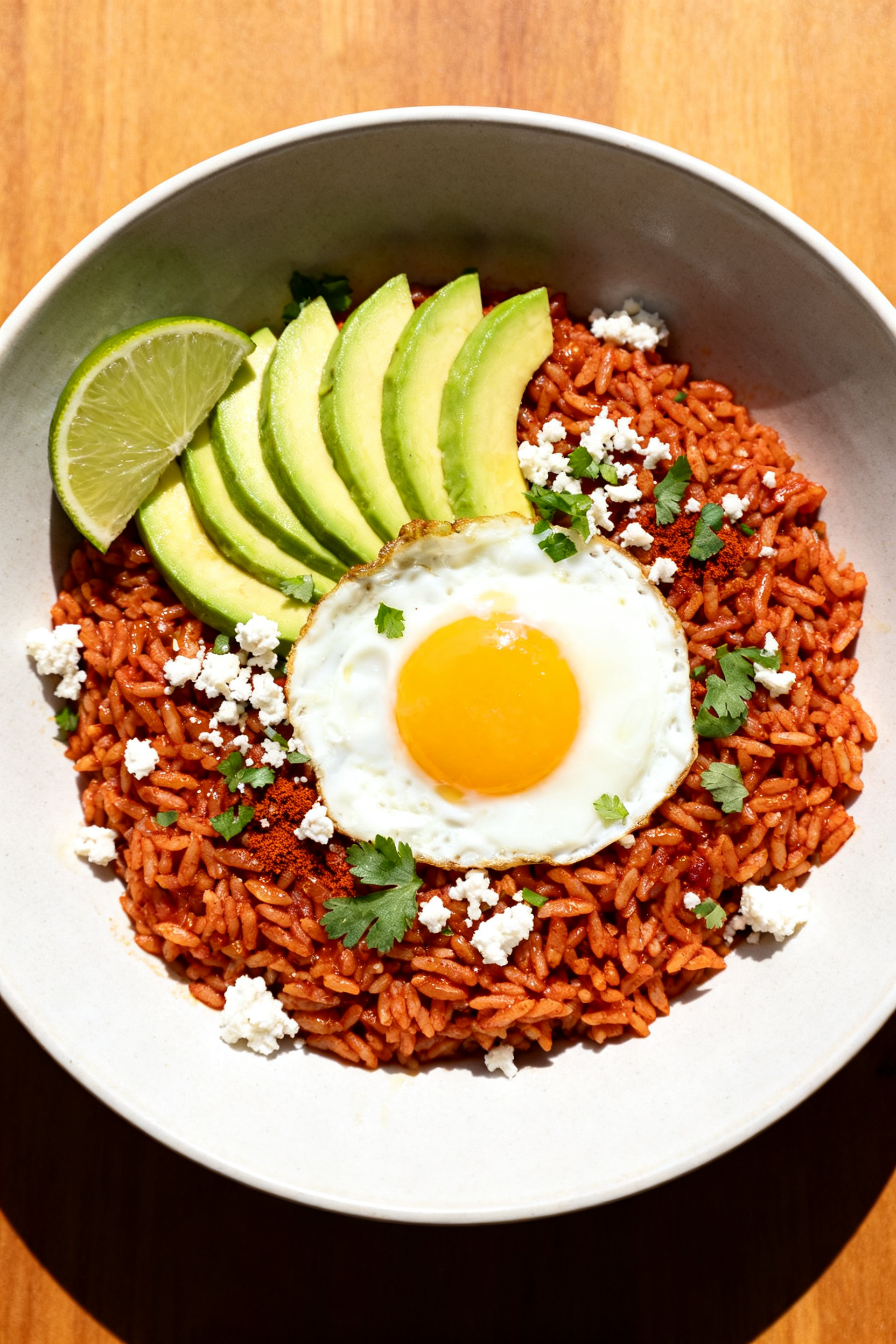 Tasty top view, bowl presentation: Overhead shot of 10-minute tomato rice bowl—rice tinted a rich 
