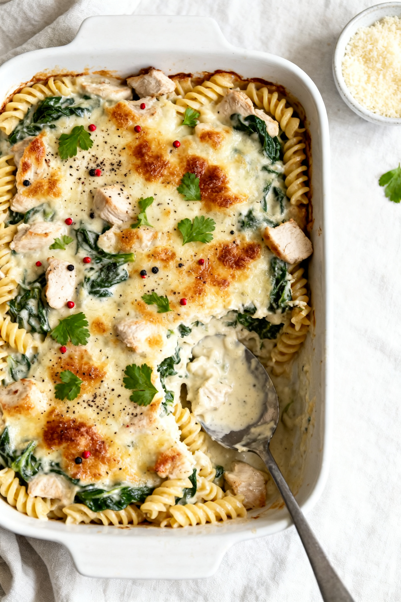 Tasty top view – Creamy Chicken Pasta Bake: Overhead shot of a just-baked casserole of rotini in s