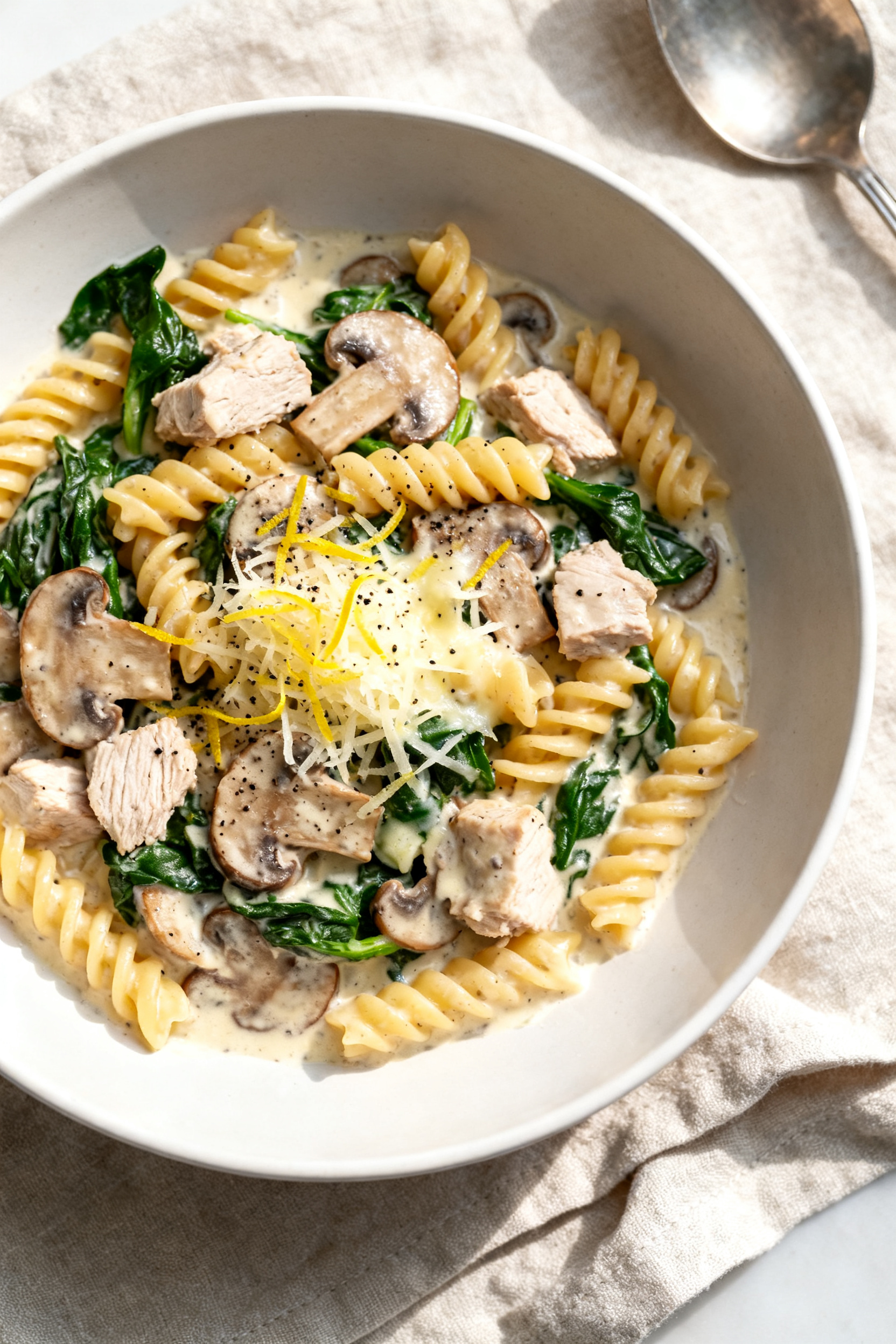 Leftover Turkey Recipes — Weeknight Dinner Zero Groceries - Simple Ways to Use What You Have Tasty top view — One-Pot Creamy Turkey Pasta: overhead shot of short pasta swirled in a silky crea