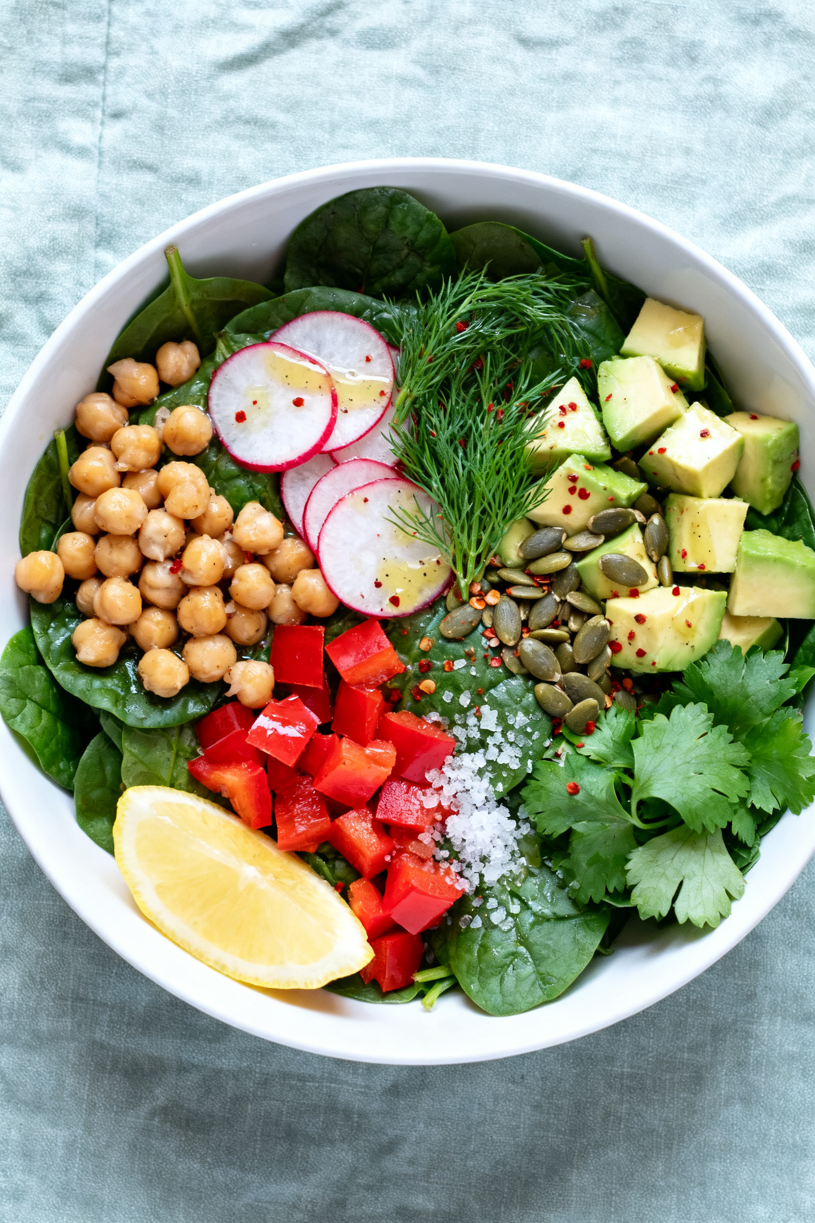 No Oven Summer Meals Ready to Eat Right Now - Fresh, Fast, and Flavorful Tasty top view: Overhead shot of a Chickpea Crunch Salad fully assembled and ready to eat—baby spi