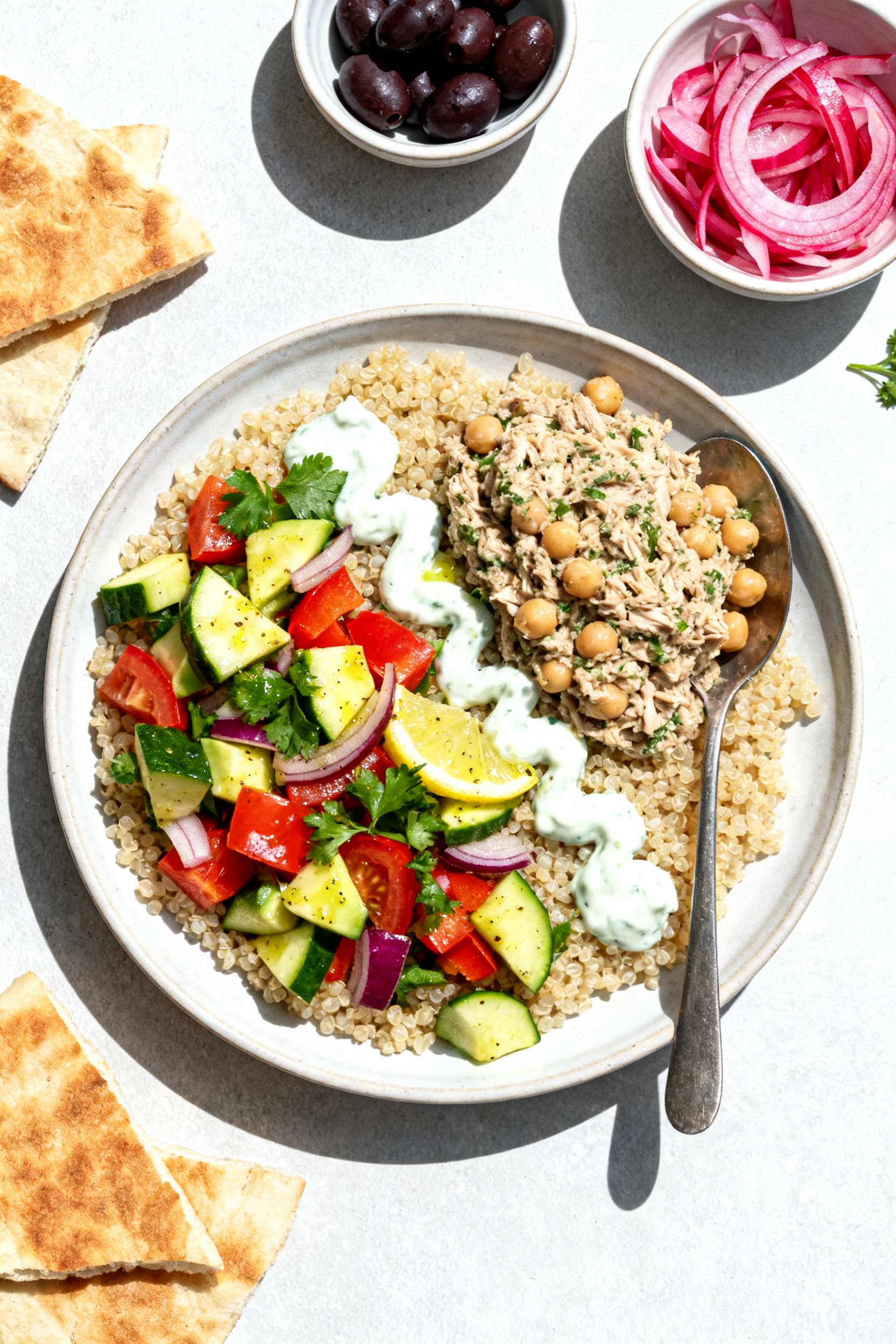 Easy Summer Meals Zero Oven Zero Stress Tonight - Simple No-Cook Dinners Tasty top view: Overhead shot of a composed no-cook dinner plate—bed of chilled quinoa, generous s