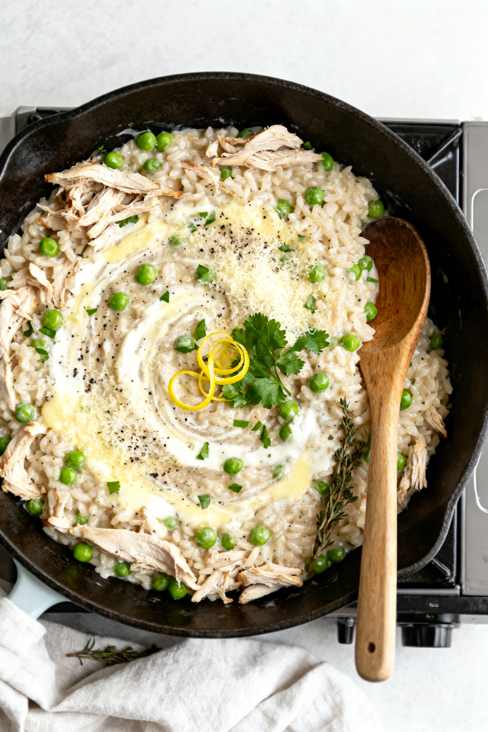 Tasty top view: Overhead shot of the creamy chicken-and-rice skillet just finished on the stove—te