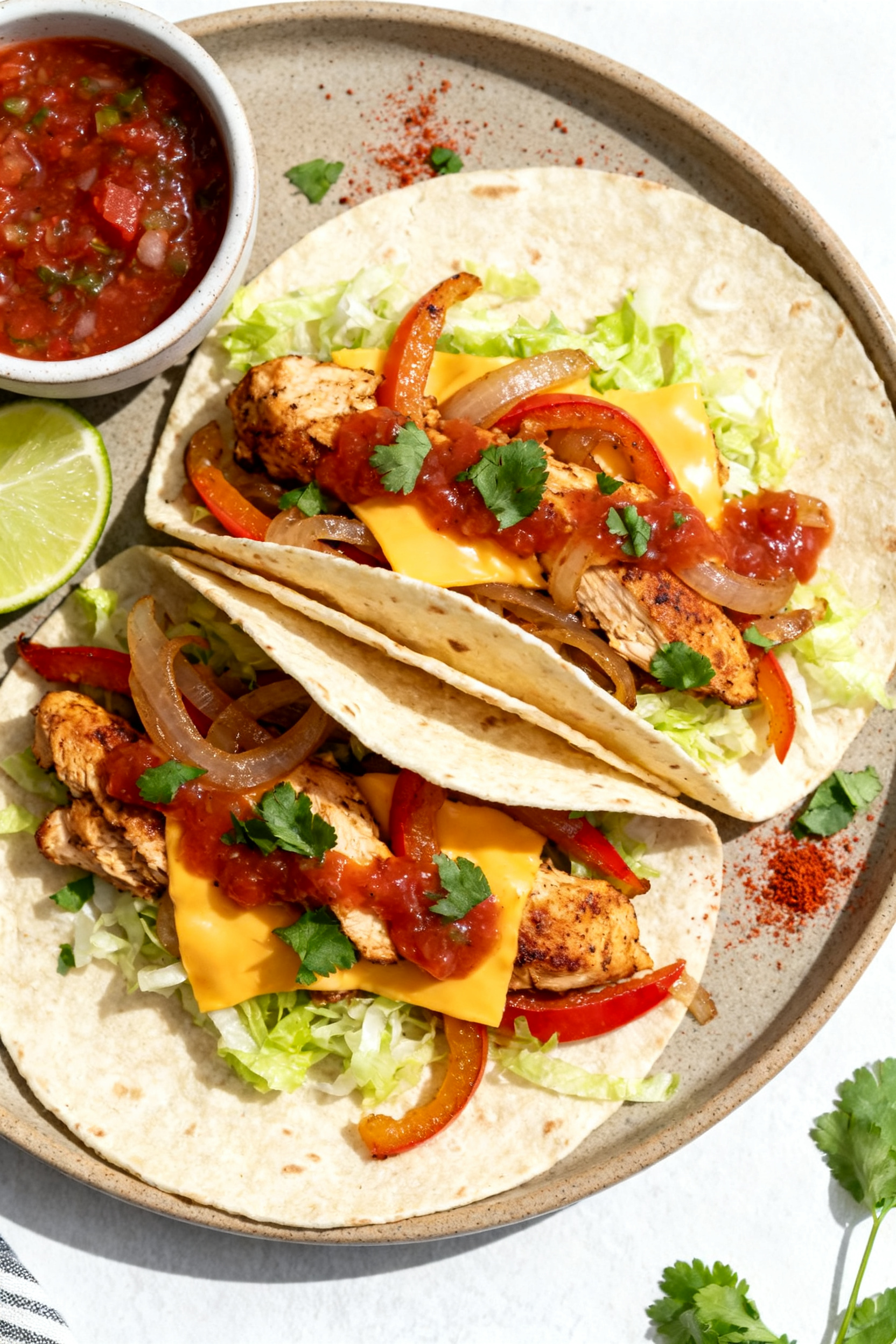 Tasty top view: Overhead shot of Weeknight Chicken Tacos—warm flour tortillas filled with sautéed