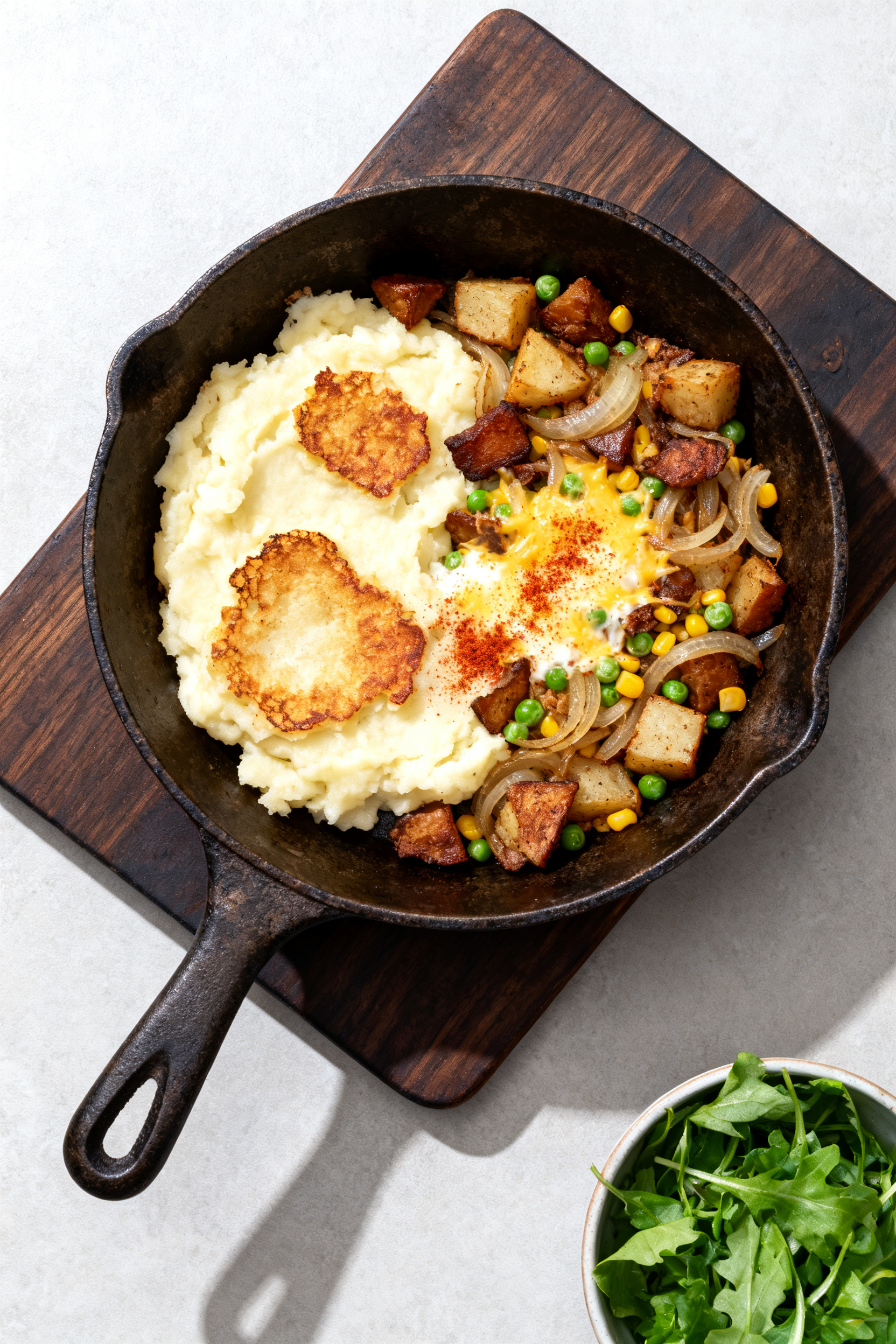 Leftover Mashed Potato Recipes — Feed 4 for Under $5 - Simple, Cozy, and Budget-Friendly Tasty top view (overhead): Skillet hash with mashed potatoes spread and crisped into rustic golden p