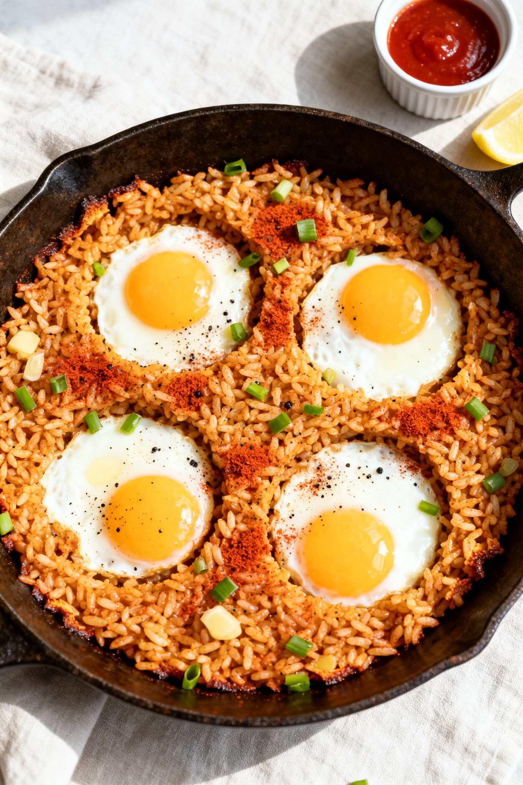 Tasty top view – Rice and Egg Breakfast Skillet: Overhead shot of a rustic skillet with garlicky p