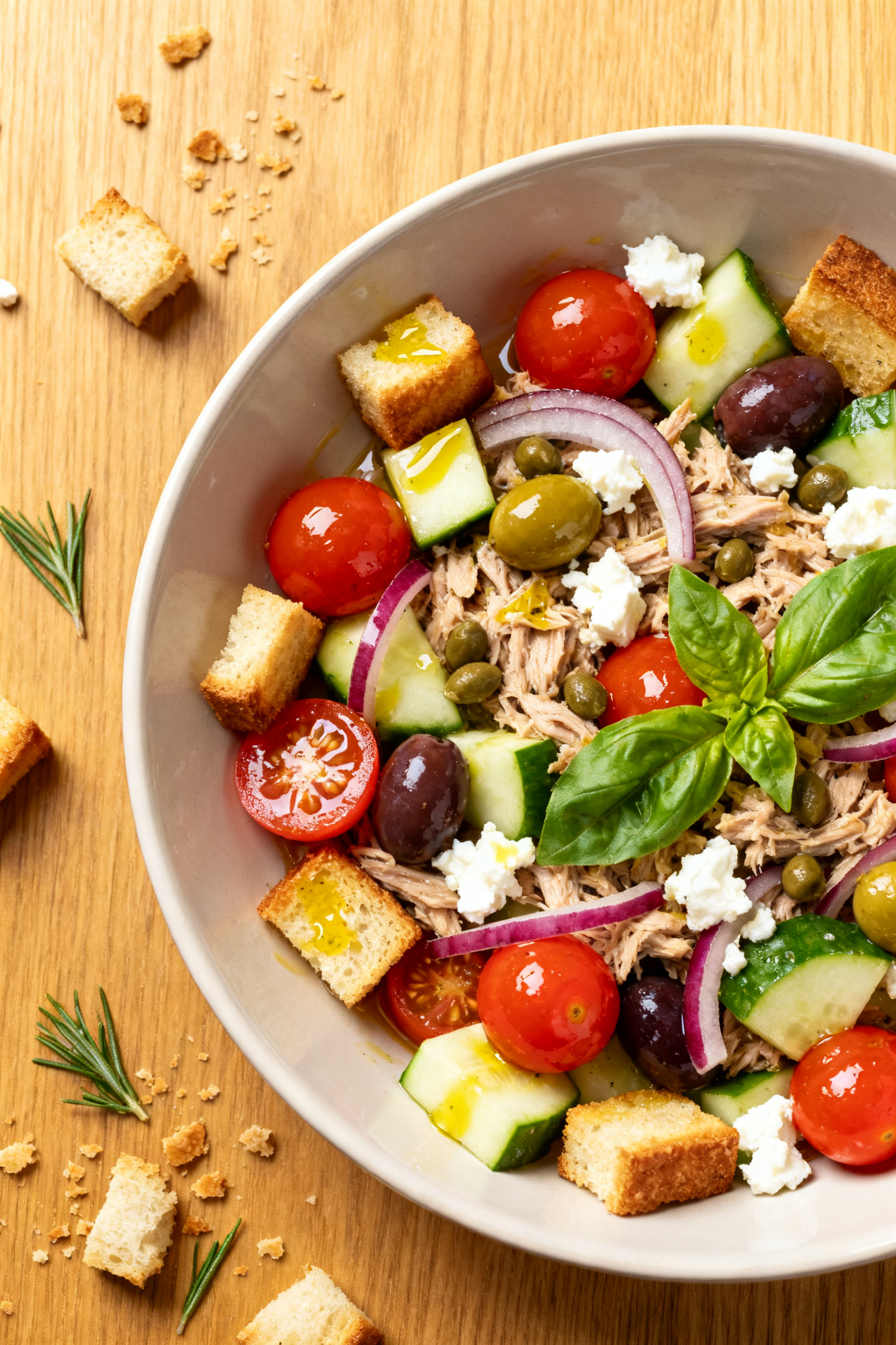 Leftover Bread Recipes Turn Stale Bread Into Dinner - Easy, Comforting, and Budget-Friendly Tasty top view — Rustic panzanella with protein: overhead shot of a wide, shallow bowl filled with