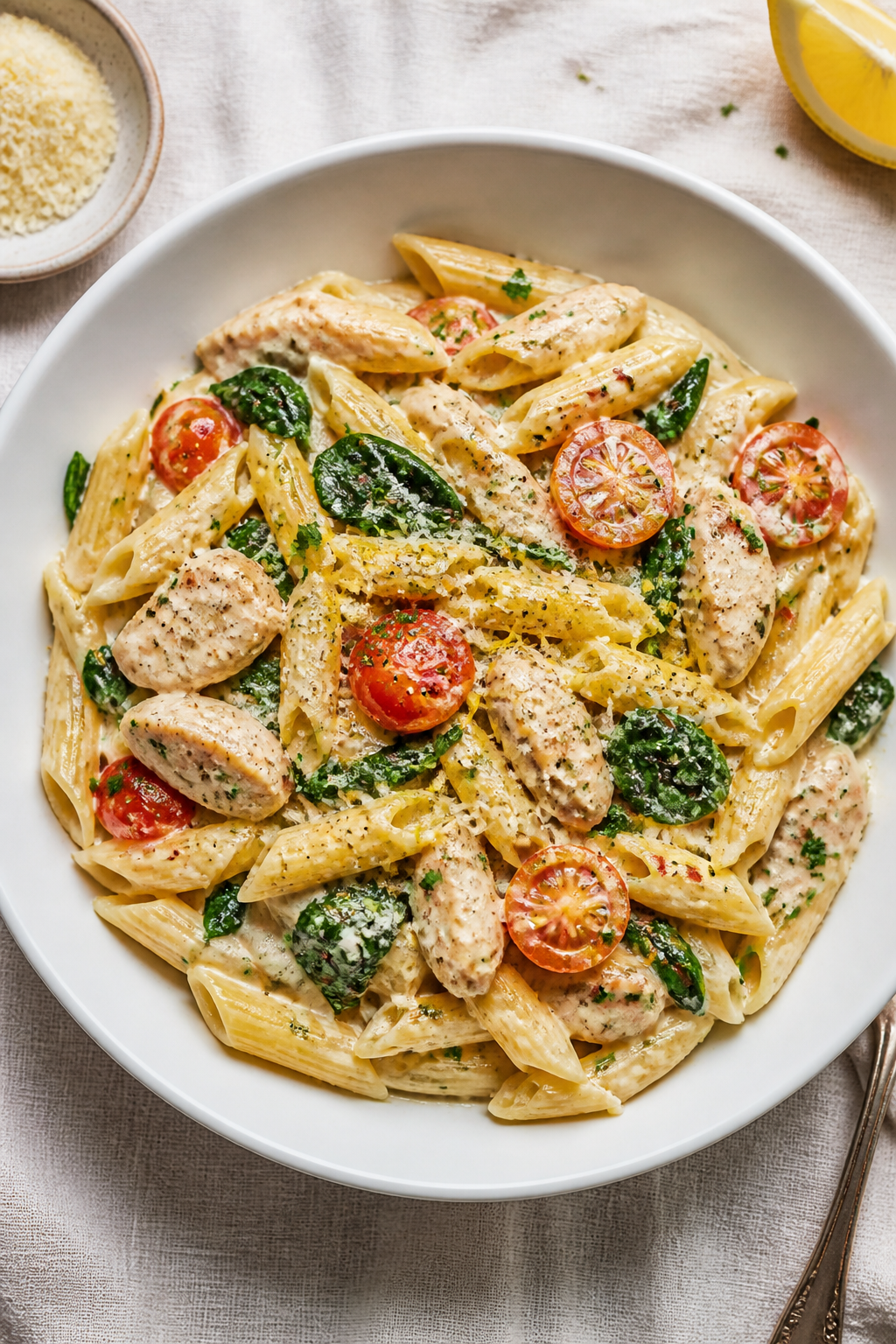 Tasty top view — sauce over pasta: Overhead shot of al dente short pasta (penne) generously coated