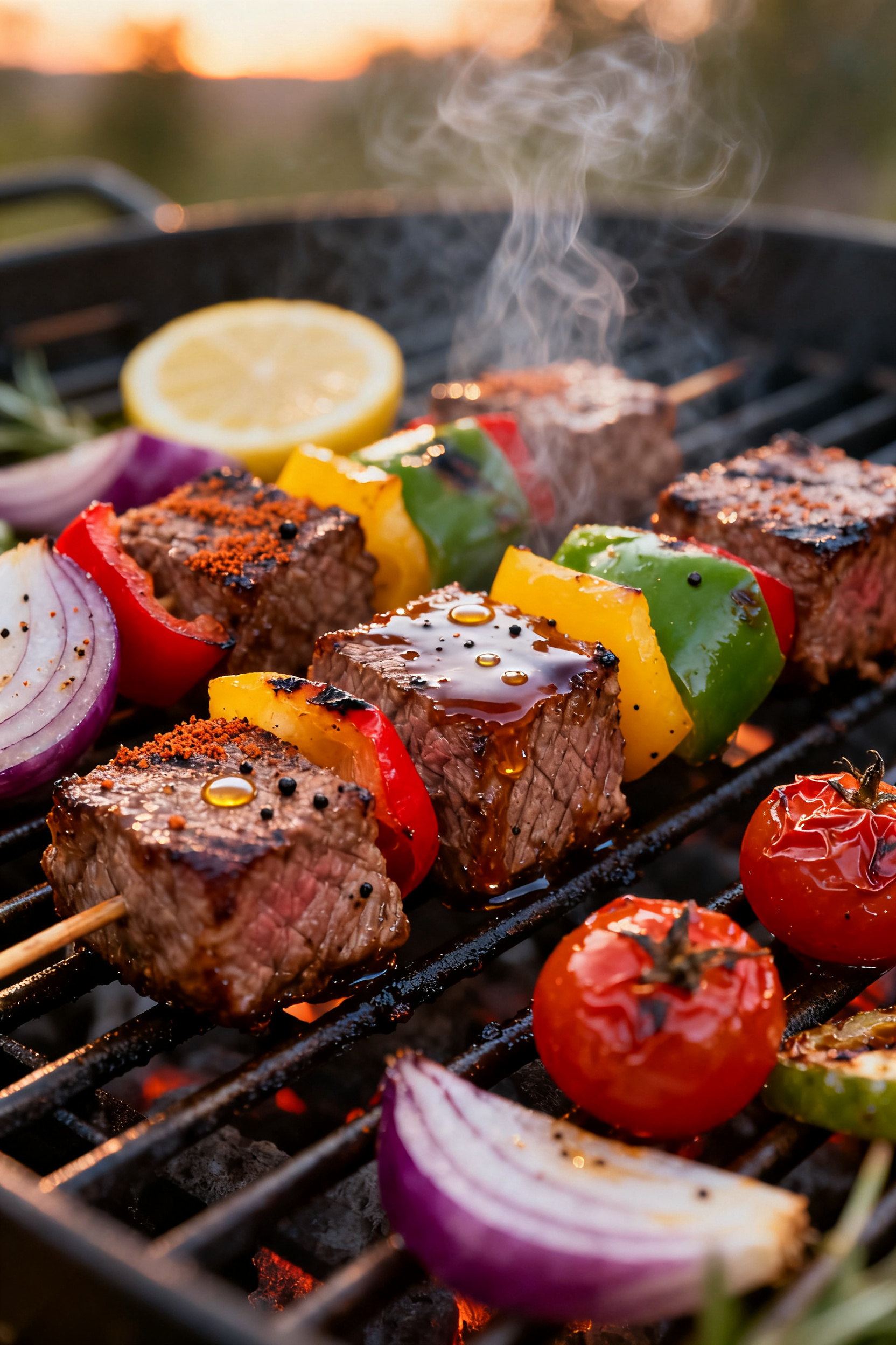 5-inch steak cubes with lightly charred bell peppers (red, yellow, green), red onion wedges, and bli
