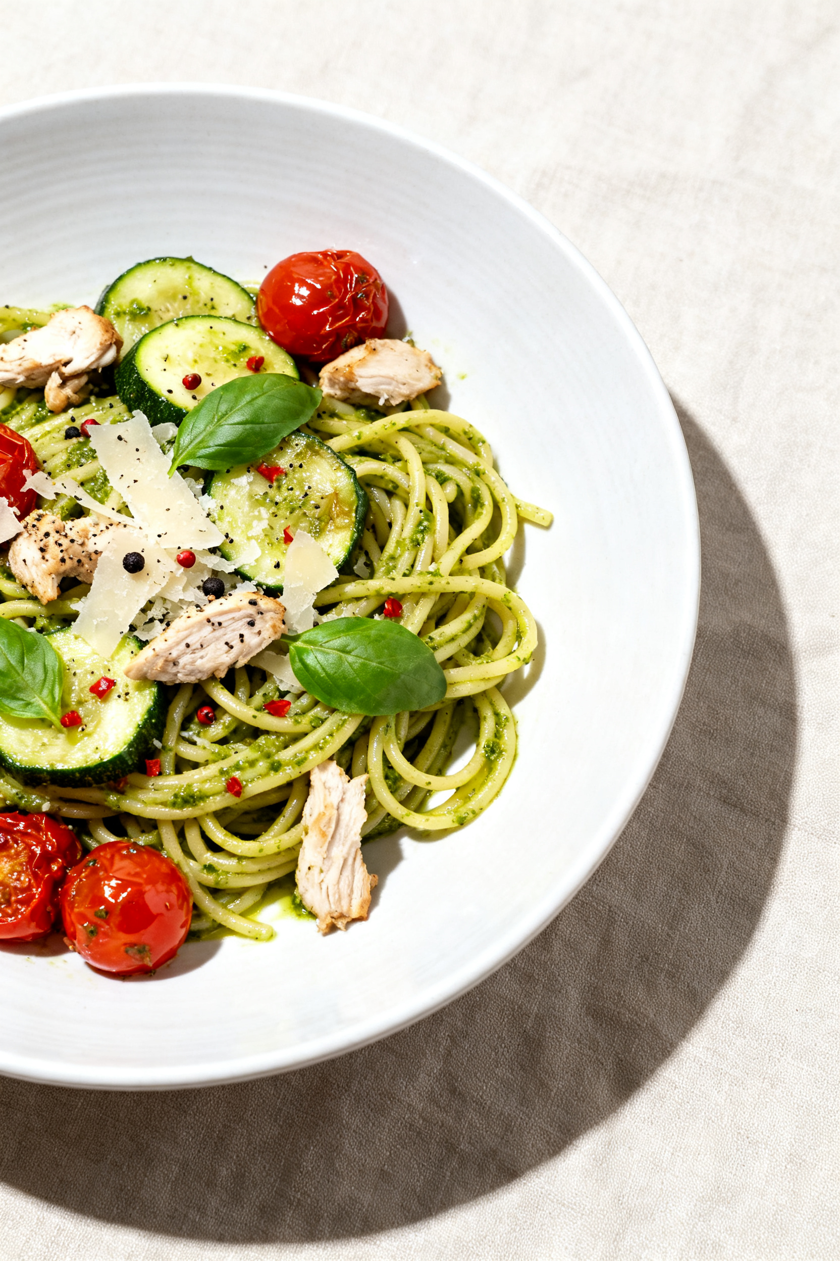 Quick Leftover Meal Ideas - Simple, Smart Ways to Use What You Have Beautifully plated Pasta Skillet (pesto variation) as final dish: twirled al dente pasta coated in v