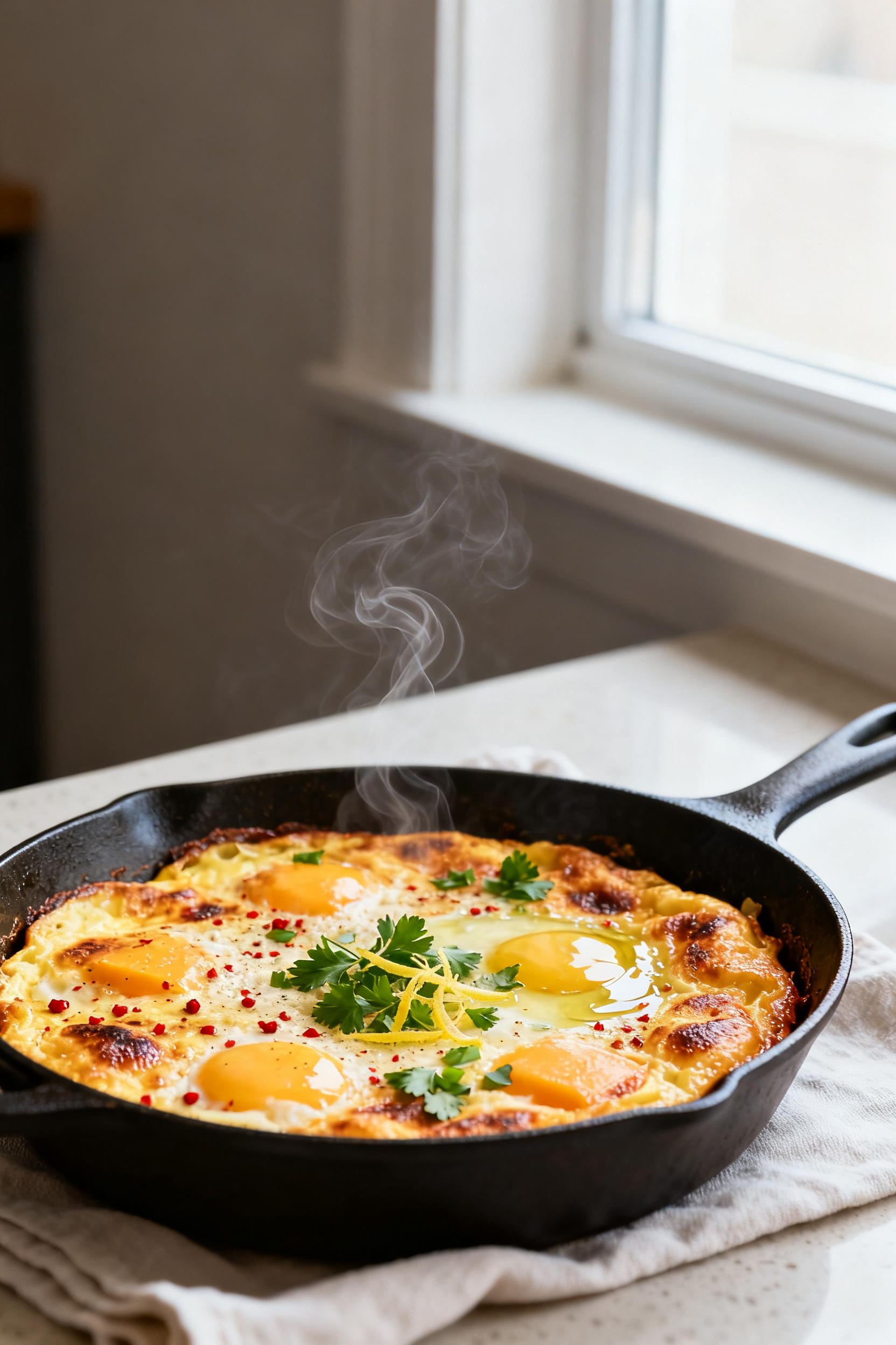 Broiler finish — Puff and golden top: three-quarter angle, tight crop of the frittata just out fro