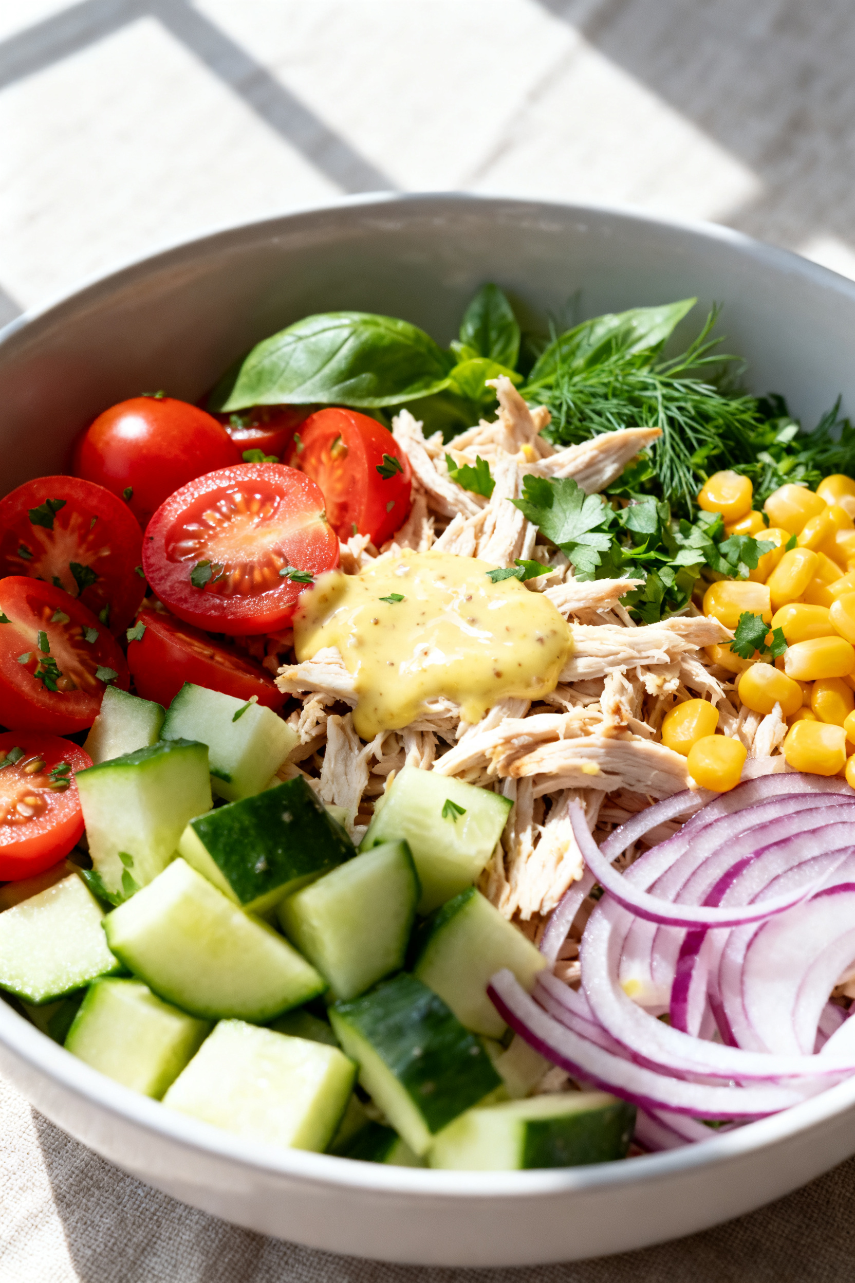 Summer Dinner Recipes — Rotisserie Chicken Leftover Easy Dinner - Quick, Fresh, and Flavorful Close-up detail: A bowl of the prepared chicken salad base just after tossing with the first half of