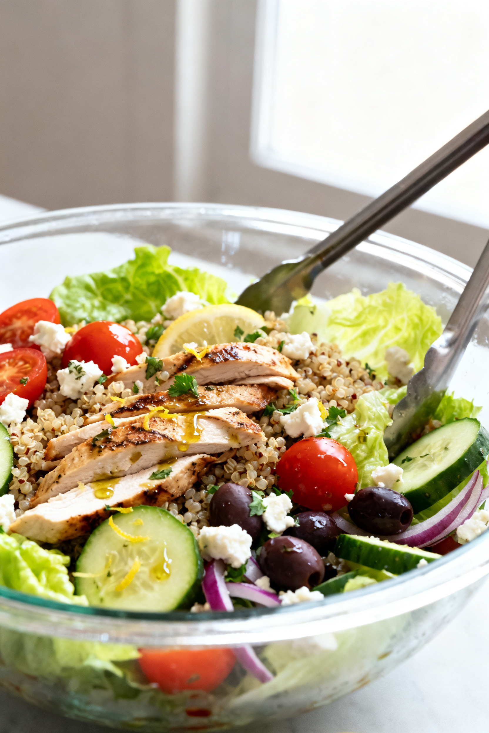 Close-up detail: A chilled “Mediterranean Market” leftover-salad toss mid-assembly in a wide gla
