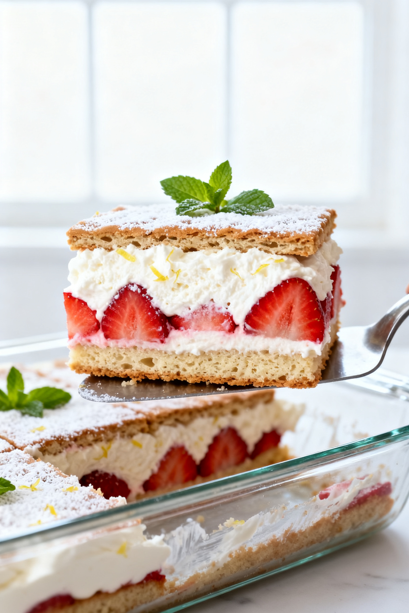Summer Desserts — The Dessert Everyone Takes Seconds Of - No-Bake Strawberry Icebox Cake Close-up detail: A chilled slice of no-bake strawberry icebox cake being lifted from a 9x13-inch gla