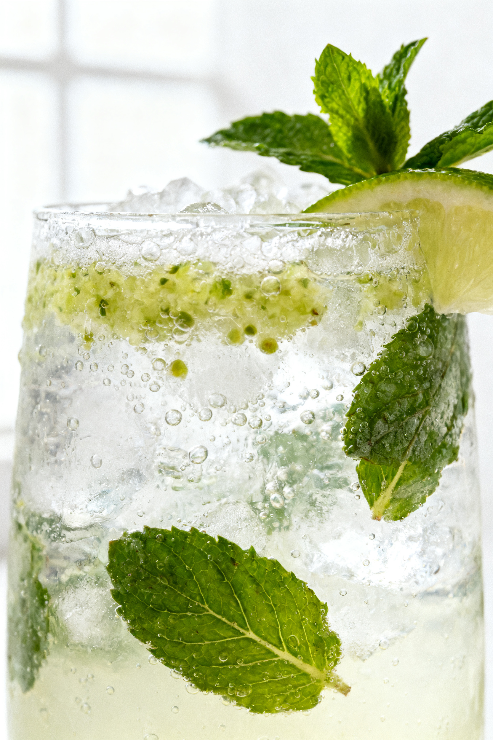 Summer Mocktail Recipes — One Sip and You'll Understand - Bright, Fresh, and Easy Sips Close-up detail: A Classic Mint Lime Fizz just after stirring, condensation beading on the glass, li
