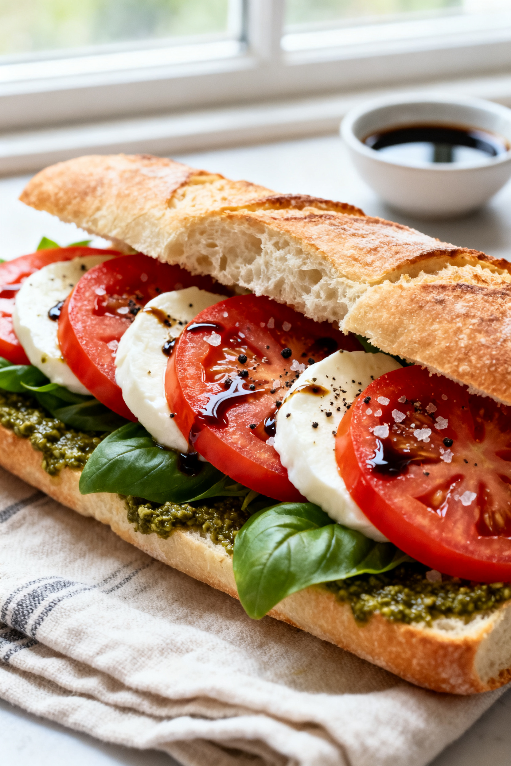Close-up detail: A freshly assembled Caprese Picnic Sandwich on sliced ciabatta, showing glossy toma
