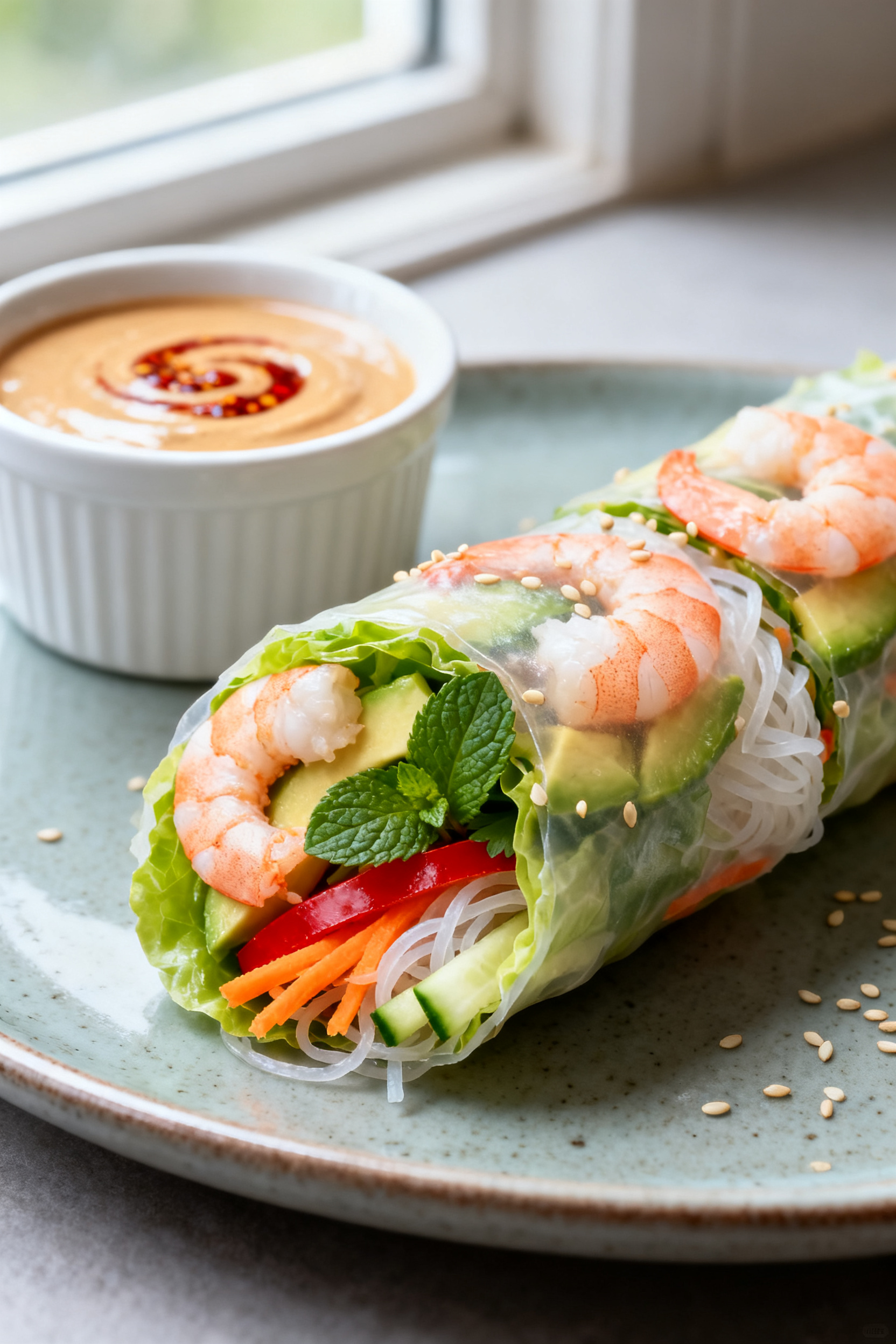 Close-up detail: A freshly rolled summer roll sliced on a bias to reveal layers—pink shrimp halves