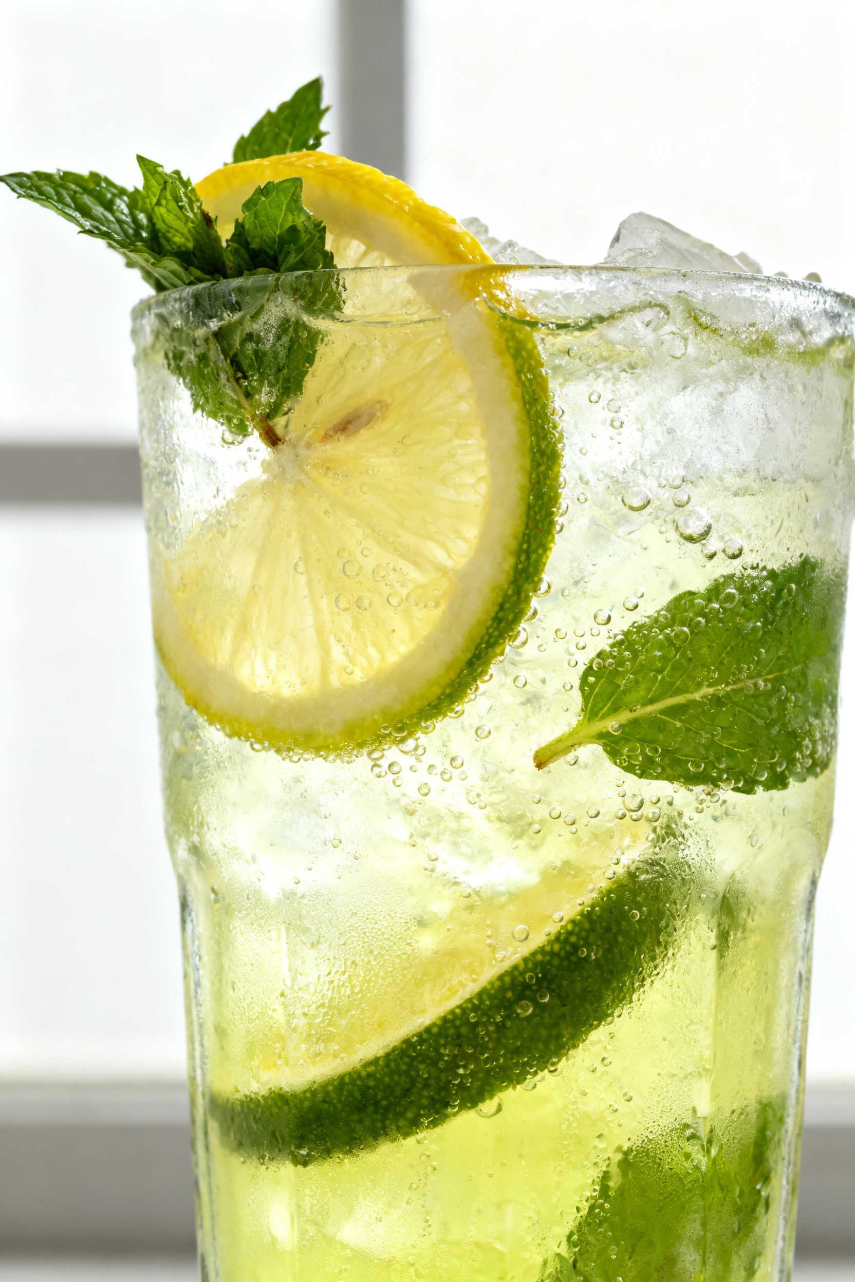 Close-up detail: A frosty highball glass filled with the prepared lemon-lime mint spritzer, crushed 